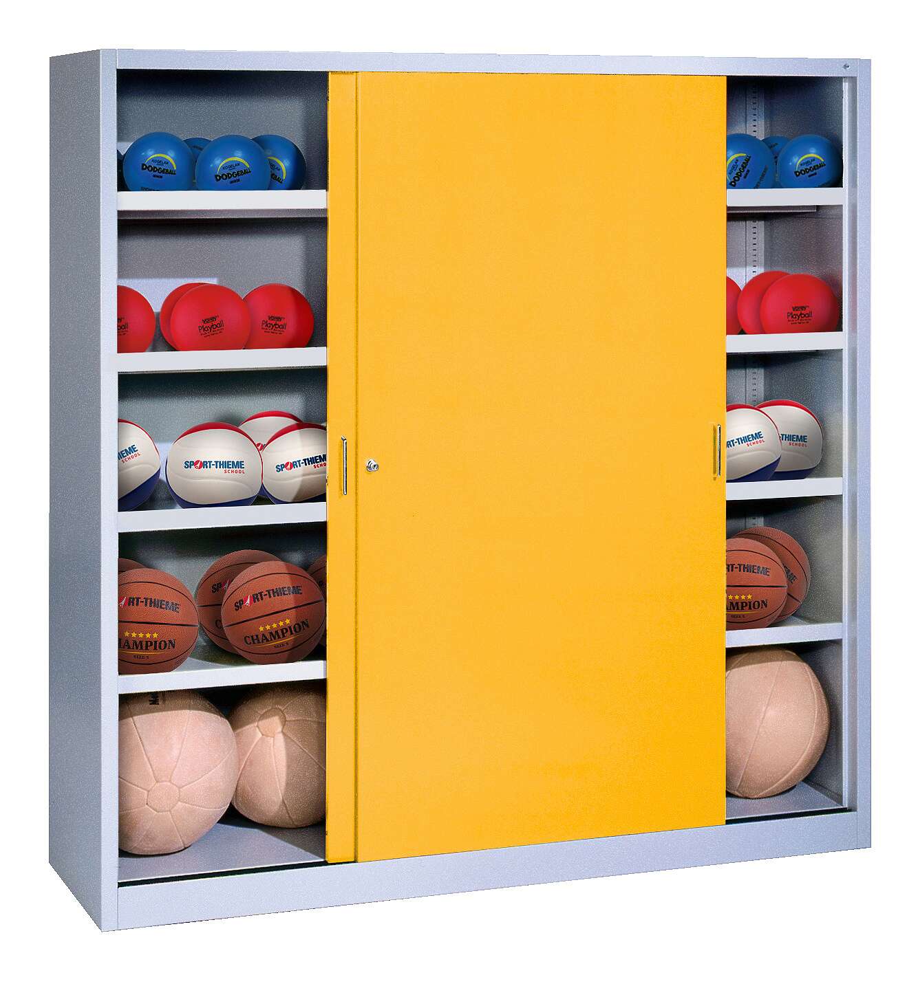 C+P Ballschrank mit Vollblech-Schiebetüren (Typ 4), HxBxT 195x120x50 cm, Verkehrsgelb (RAL 1023), Lichtgrau (RAL 7035), Einzelschließung