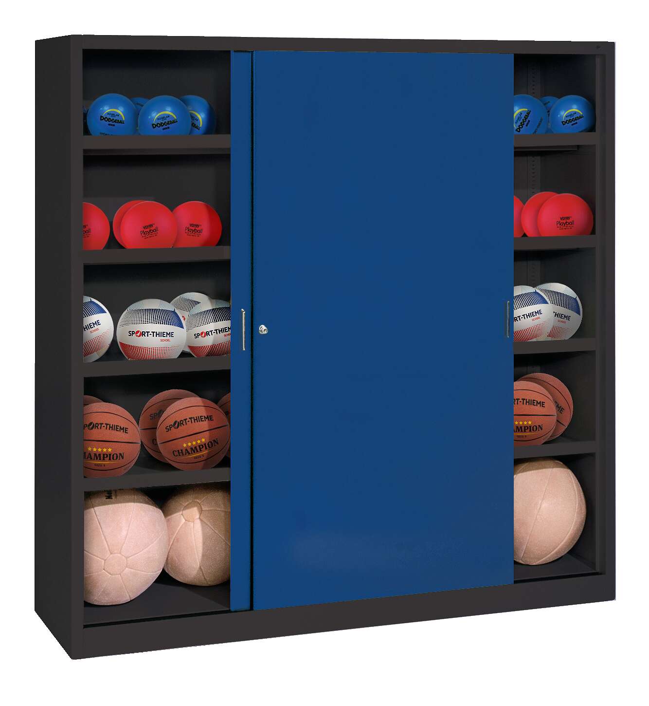 C+P Ballschrank mit Vollblech-Schiebetüren (Typ 4), HxBxT 195x120x50 cm, Enzianblau (RAL 5010), Anthrazit (RAL 7021), Einzelschließung