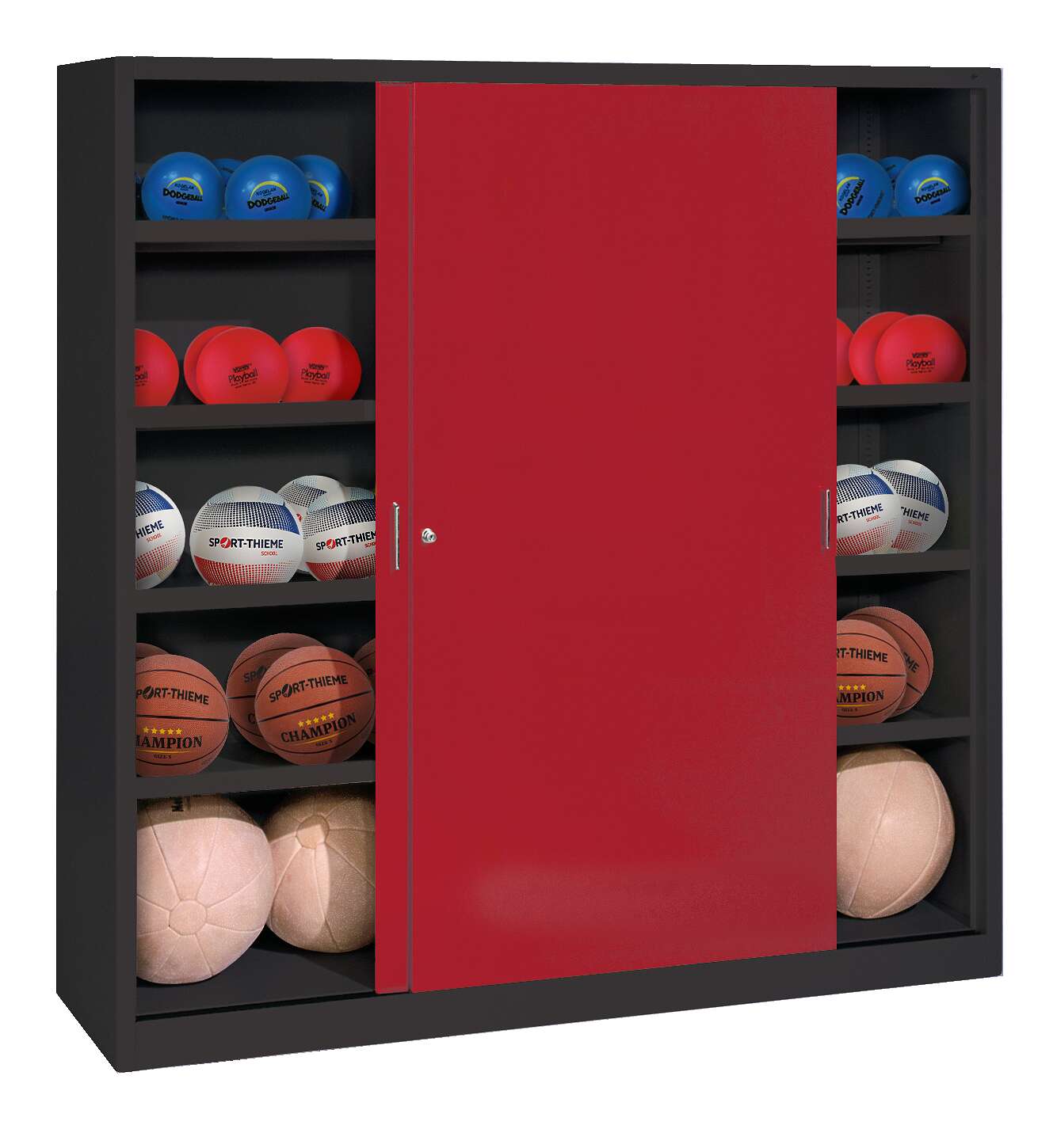 C+P Ballschrank mit Vollblech-Schiebetüren (Typ 4), HxBxT 195x120x50 cm, Rubinrot (RAL 3003), Anthrazit (RAL 7021), Einzelschließung