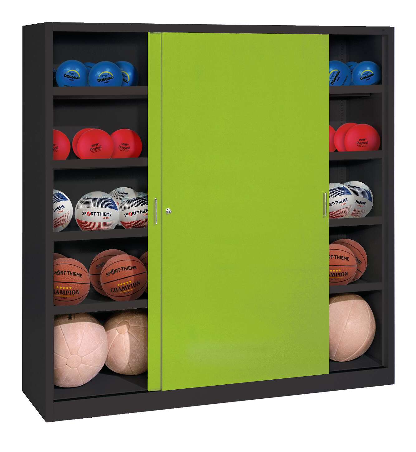 C+P Ballschrank mit Vollblech-Schiebetüren (Typ 4), HxBxT 195x120x50 cm, Clowngrün (RAL 110 80 60), Anthrazit (RAL 7021), Einzelschließung