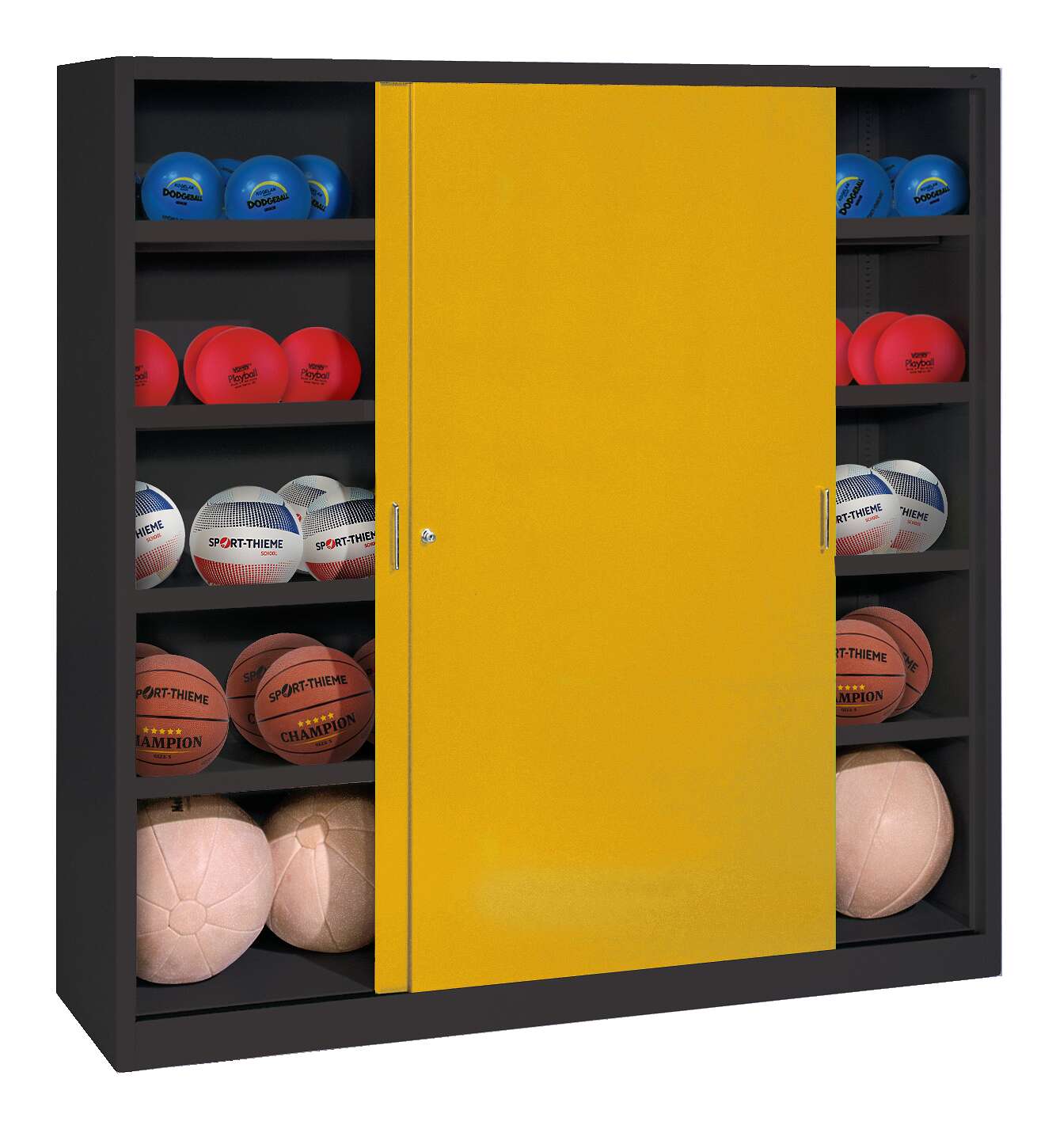 C+P Ballschrank mit Vollblech-Schiebetüren (Typ 4), HxBxT 195x120x50 cm, Goldgelb (RAL 1004), Anthrazit (RAL 7021), Einzelschließung