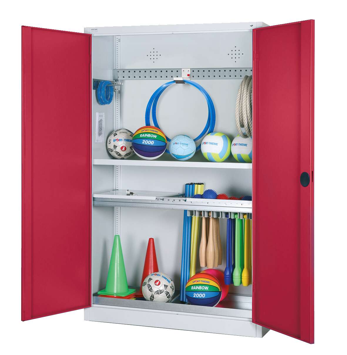 C+P Modul-Sportgeräteschrank „Komplettausstattung“ mit Vollblech-Flügeltüren, HxBxT 195x120x50 cm, Rubinrot (RAL 3003), Einzelschließung