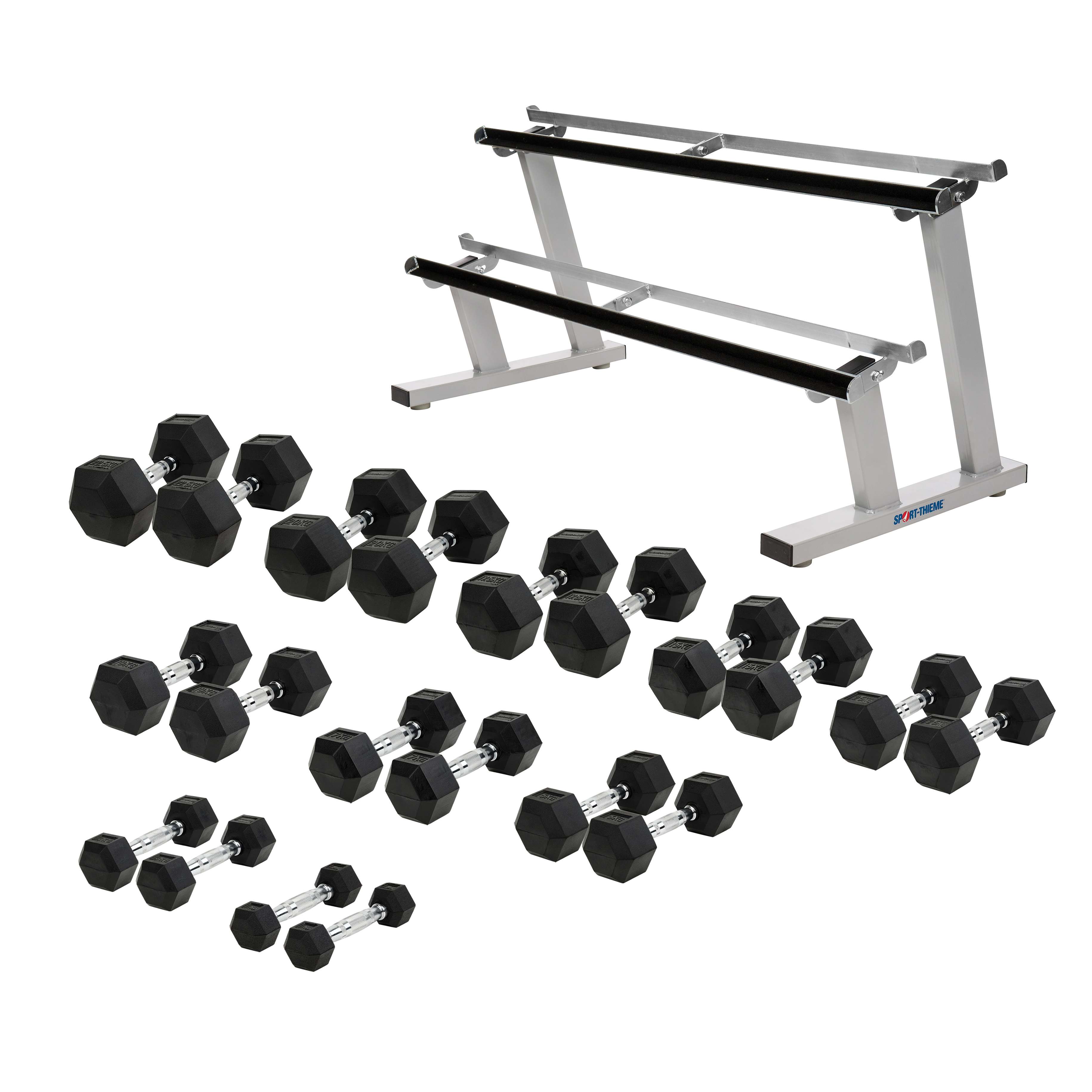 Sport-Thieme Kompakthantel-Set „Gummi Hex“, 1-20 kg, inkl. doppeltem Ablageständer