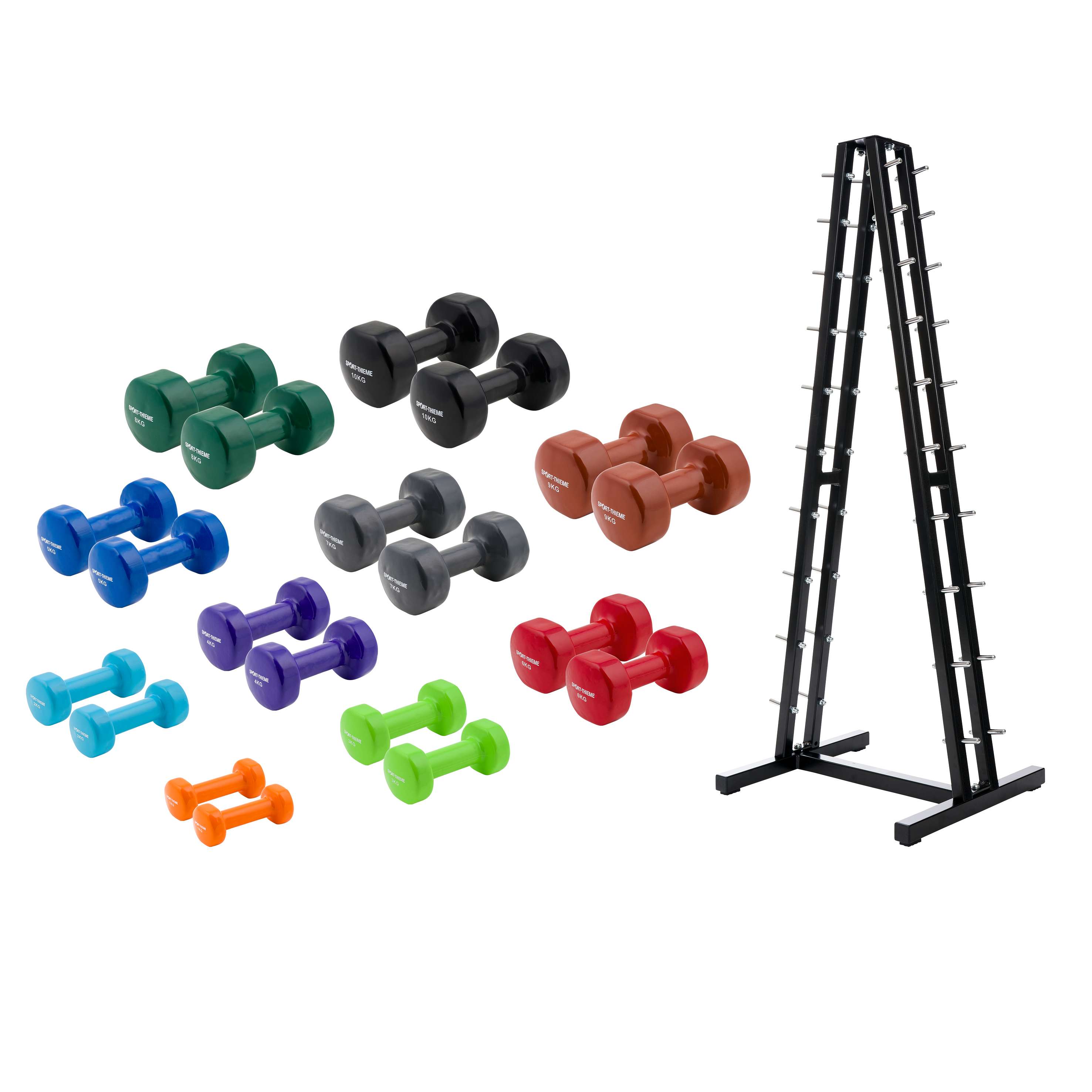 Sport-Thieme Fausthantel-Set „Vinyl“, 1–10 kg, mit Ablageständer