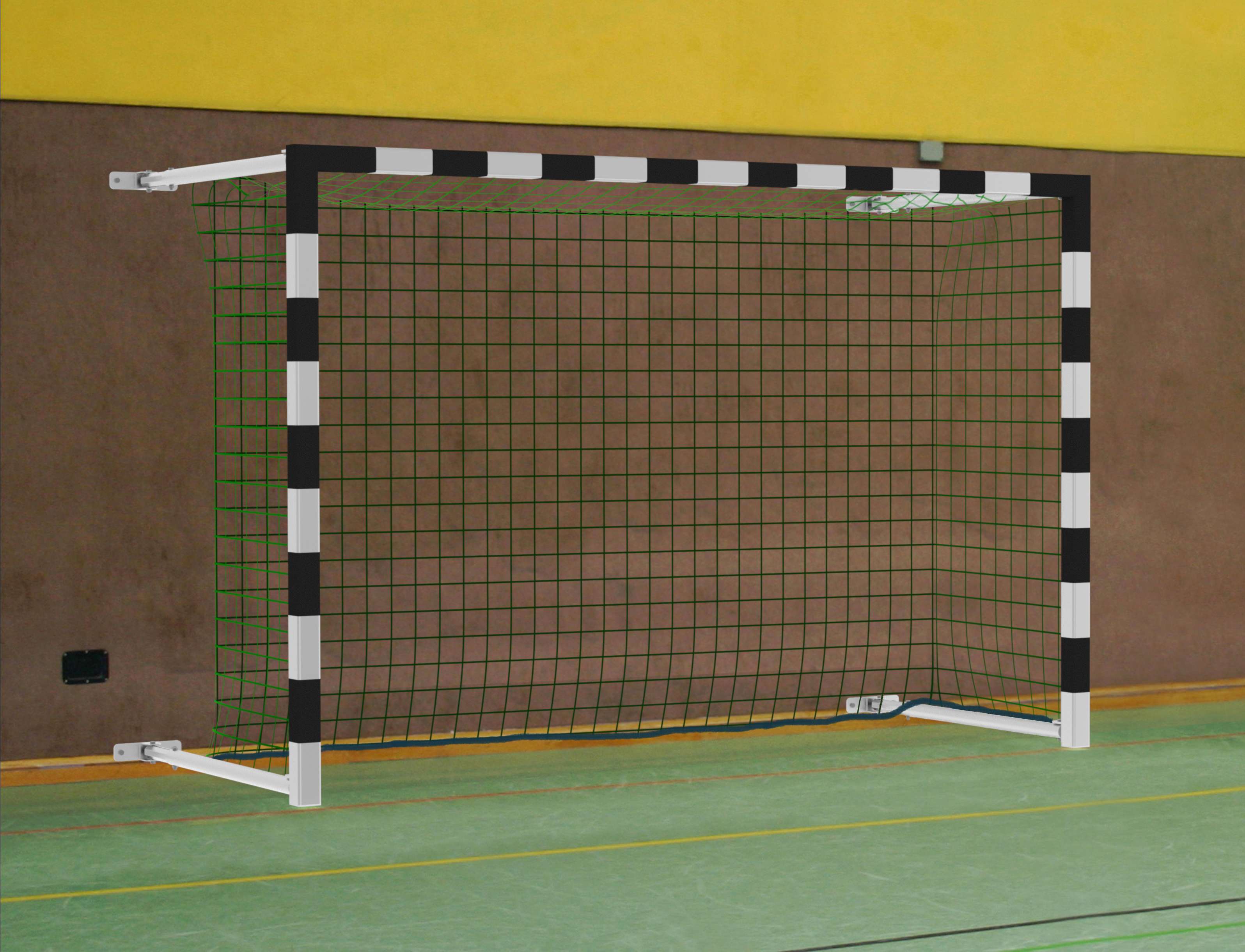Sport-Thieme Handballtor mit Wandbefestigung, schwenkbar inkl. Netzbefestigung SimplyFix, Schwarz-Silber