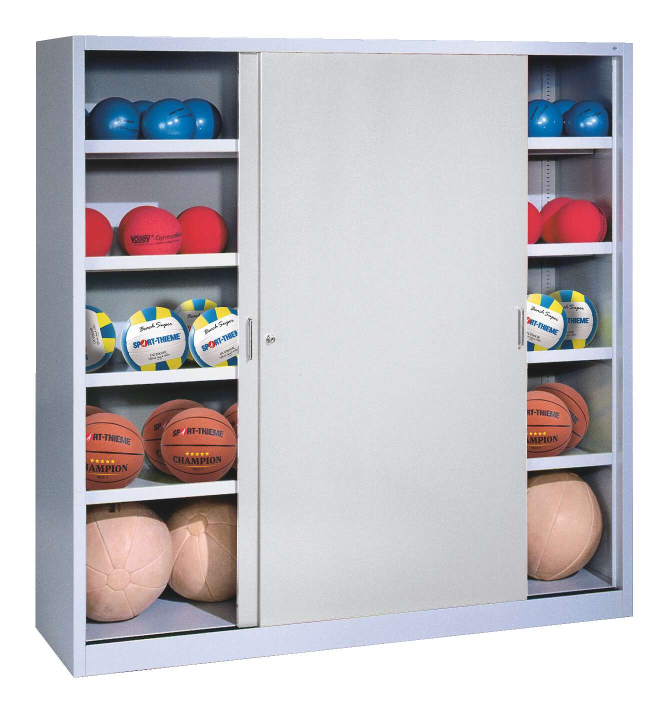 C+P Ballschrank mit Vollblech-Schiebetüren (Typ 4), HxBxT 195x160x50 cm, Lichtgrau (RAL 7035), Einzelschließung