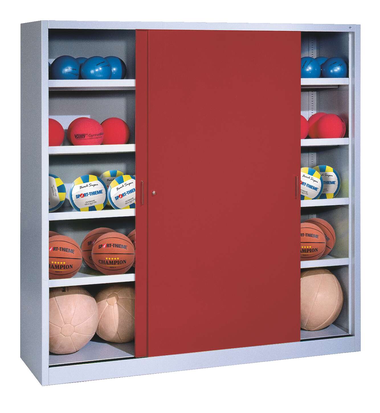 C+P Ballschrank mit Vollblech-Schiebetüren (Typ 4), HxBxT 195x160x50 cm, Rubinrot (RAL 3003), Einzelschließung