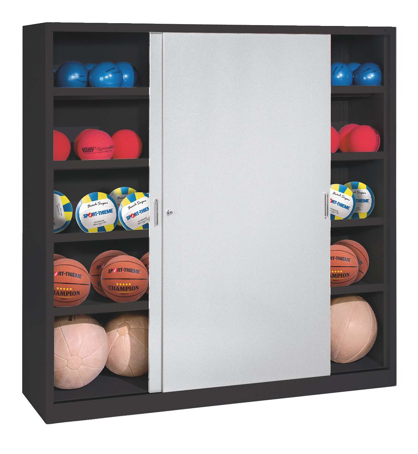 C+P Ballschrank mit Vollblech-Schiebetüren (Typ 4), HxBxT 195x160x50 cm, Lichtgrau (RAL 7035), Anthrazit (RAL 7021), Einzelschließung