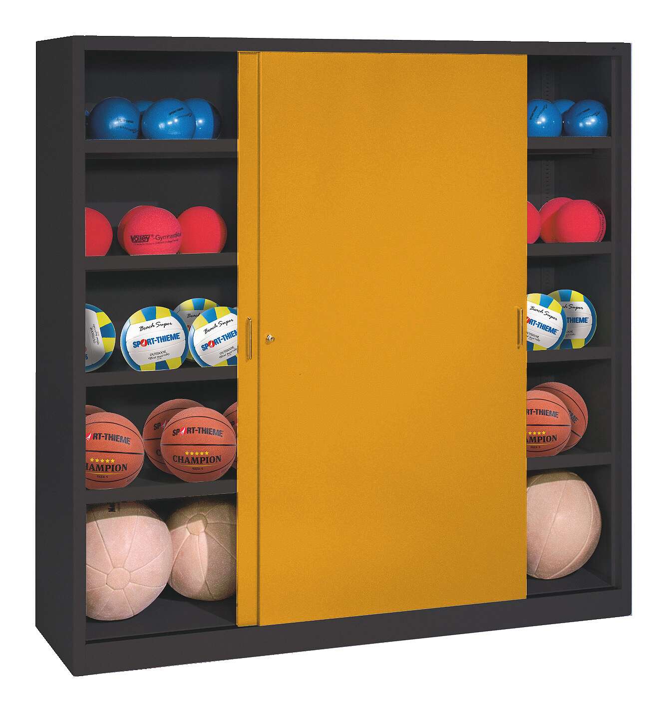 C+P Ballschrank mit Vollblech-Schiebetüren (Typ 4), HxBxT 195x160x50 cm, Goldgelb (RAL 1004), Anthrazit (RAL 7021), Einzelschließung