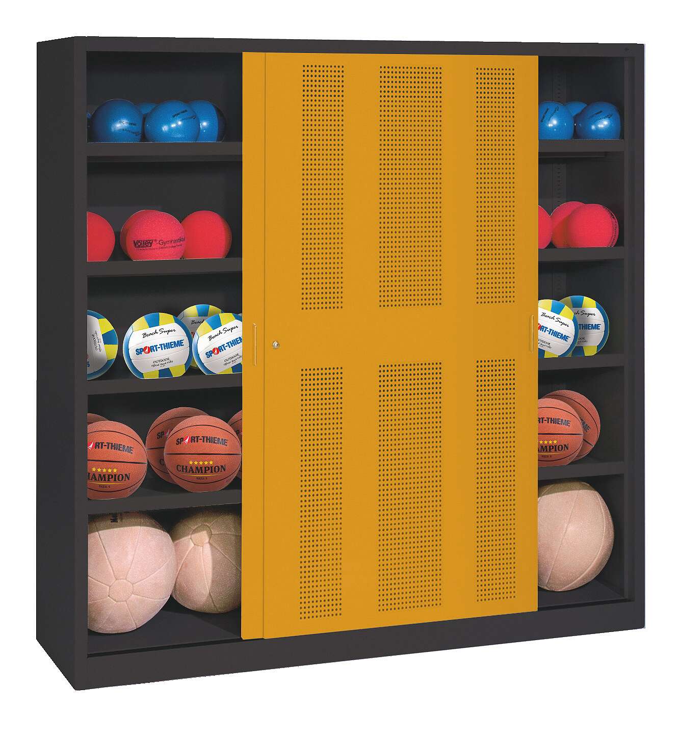 C+P Ballschrank mit Lochblech-Schiebetüren (Typ 4), HxBxT 195x160x50 cm, Goldgelb (RAL 1004), Anthrazit (RAL 7021), Einzelschließung