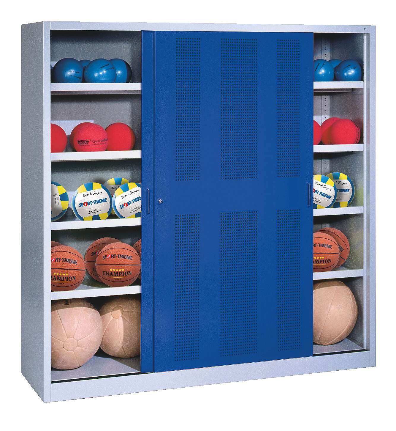 C+P Ballschrank mit Lochblech-Schiebetüren (Typ 4), HxBxT 195x120x50 cm, Enzianblau (RAL 5010), Einzelschließung