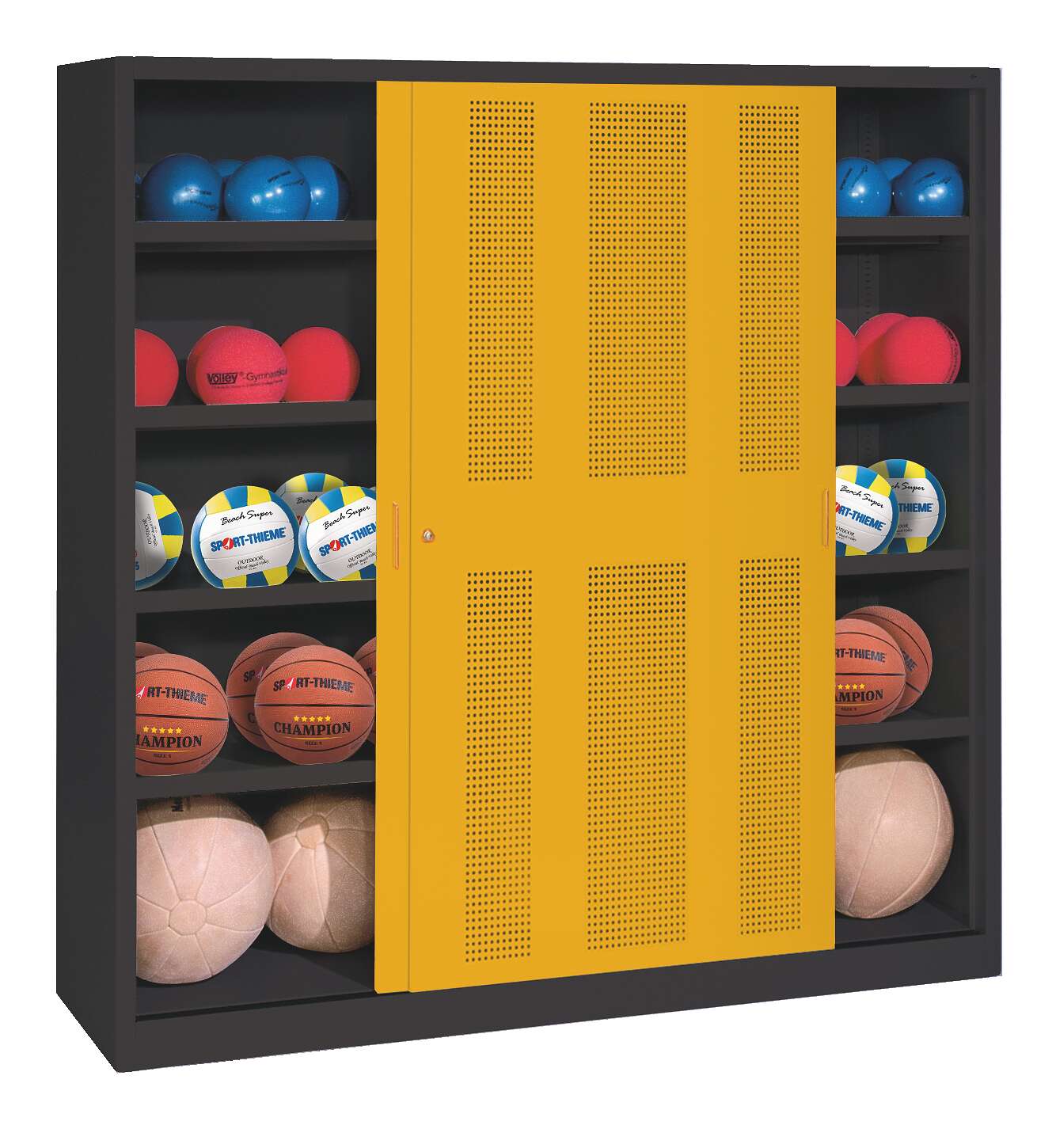 C+P Ballschrank mit Lochblech-Schiebetüren (Typ 4), HxBxT 195x120x50 cm, Goldgelb (RAL 1004), Anthrazit (RAL 7021), Einzelschließung