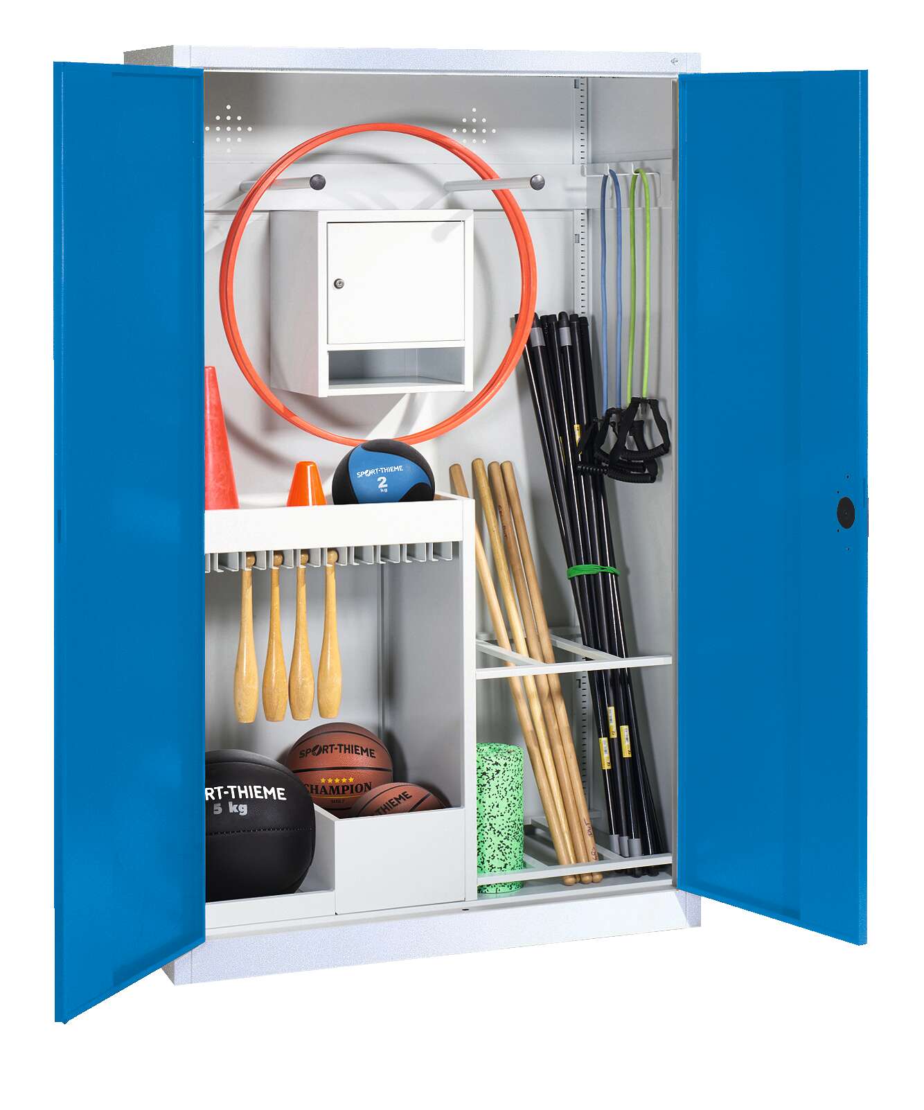 C+P Sportgeräteschrank mit Vollblech-Flügeltüren (Typ 1), HxBxT 195x120x50 cm, Ergo-Lock Muldengriff, Enzianblau (RAL 5010), Lichtgrau (RAL 7035), Einzelschließung