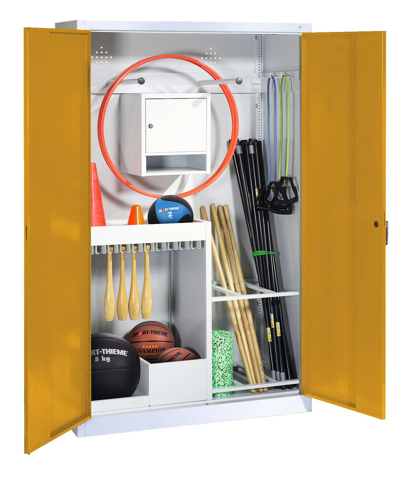 C+P Sportgeräteschrank mit Vollblech-Flügeltüren (Typ 1), HxBxT 195x120x50 cm, Ergo-Lock Muldengriff, Goldgelb (RAL 1004), Lichtgrau (RAL 7035), Einzelschließung