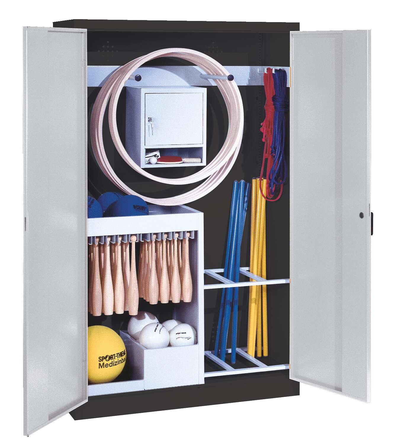 C+P Sportgeräteschrank mit Vollblech-Flügeltüren (Typ 1), HxBxT 195x120x50 cm, Lichtgrau (RAL 7035), Ergo-Lock Muldengriff, Anthrazit (RAL 7021), Einzelschließung