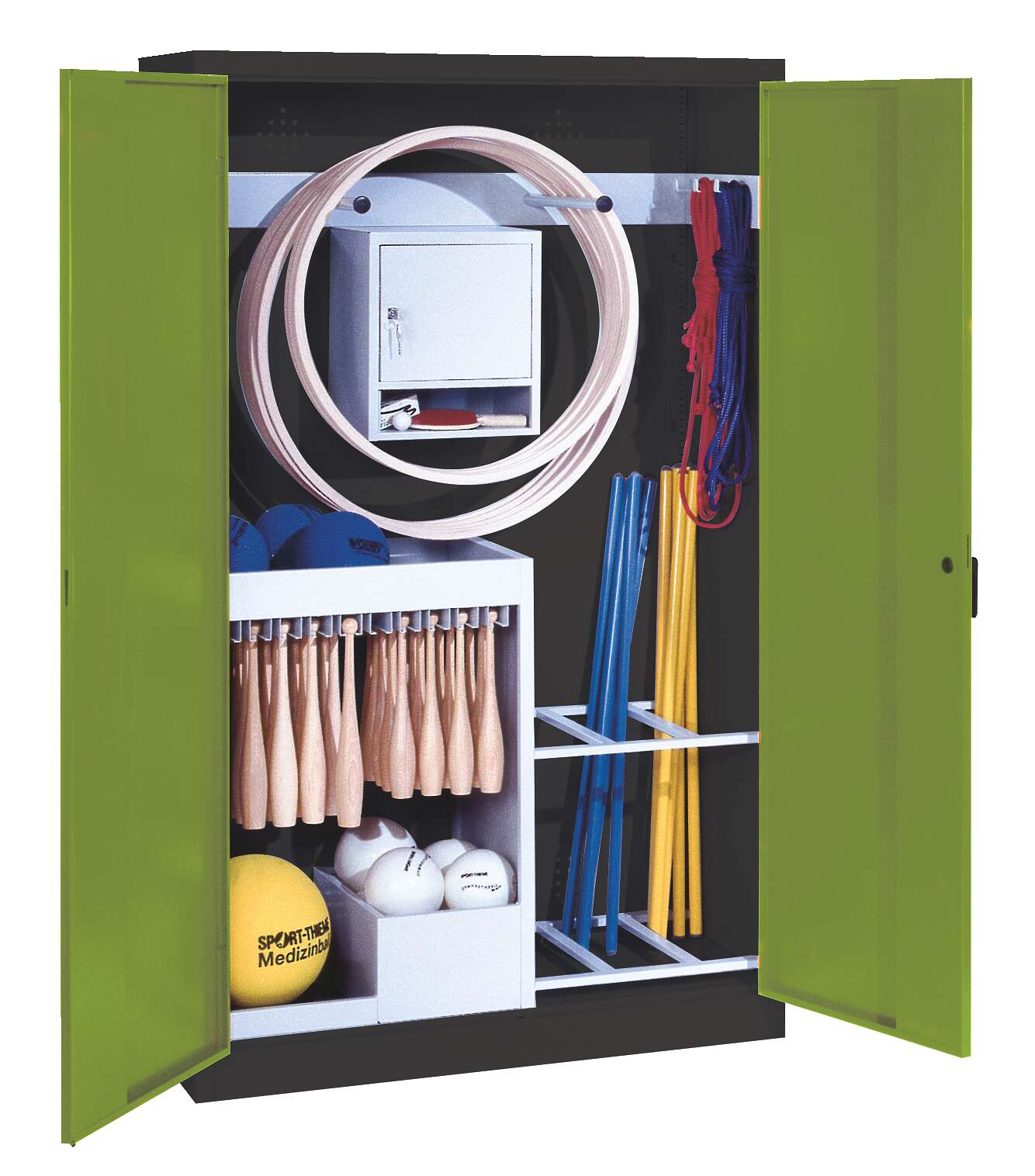C+P Sportgeräteschrank mit Vollblech-Flügeltüren (Typ 1), HxBxT 195x120x50 cm, Ergo-Lock Muldengriff, Clowngrün (RAL 110 80 60), Anthrazit (RAL 7021), Einzelschließung