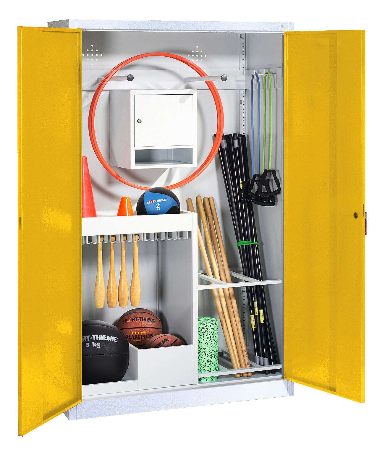 C+P Sportgeräteschrank mit Vollblech-Flügeltüren (Typ 1), HxBxT 195x120x50 cm, Ergo-Lock Muldengriff, Verkehrsgelb (RAL 1023), Anthrazit (RAL 7021), Einzelschließung