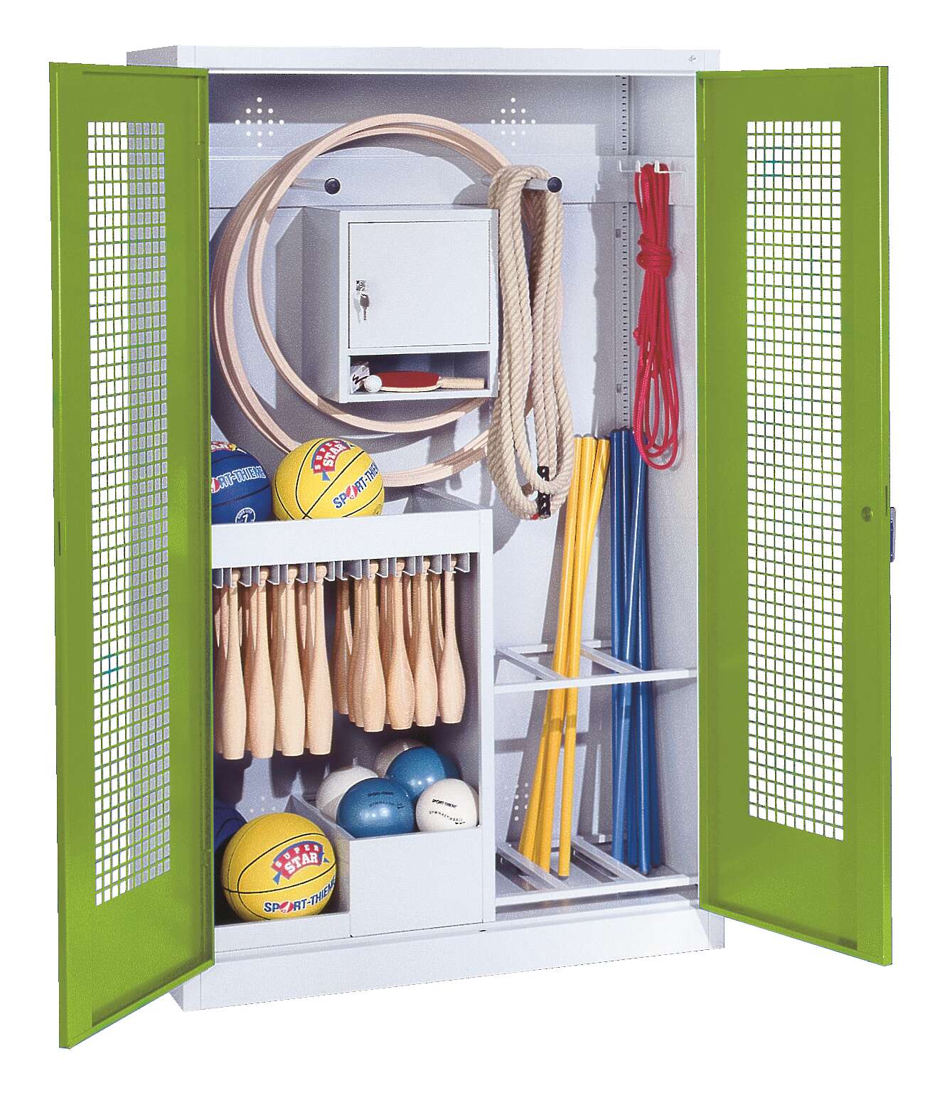 C+P Sportgeräteschrank mit Lochblech-Flügeltüren (Typ 1), HxBxT 195x120x50 cm, Ergo-Lock Muldengriff, Clowngrün (RAL 110 80 60), Lichtgrau (RAL 7035), Einzelschließung