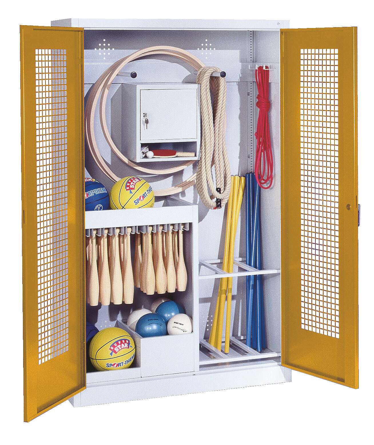 C+P Sportgeräteschrank mit Lochblech-Flügeltüren (Typ 1), HxBxT 195x120x50 cm, Ergo-Lock Muldengriff, Goldgelb (RAL 1004), Lichtgrau (RAL 7035), Einzelschließung