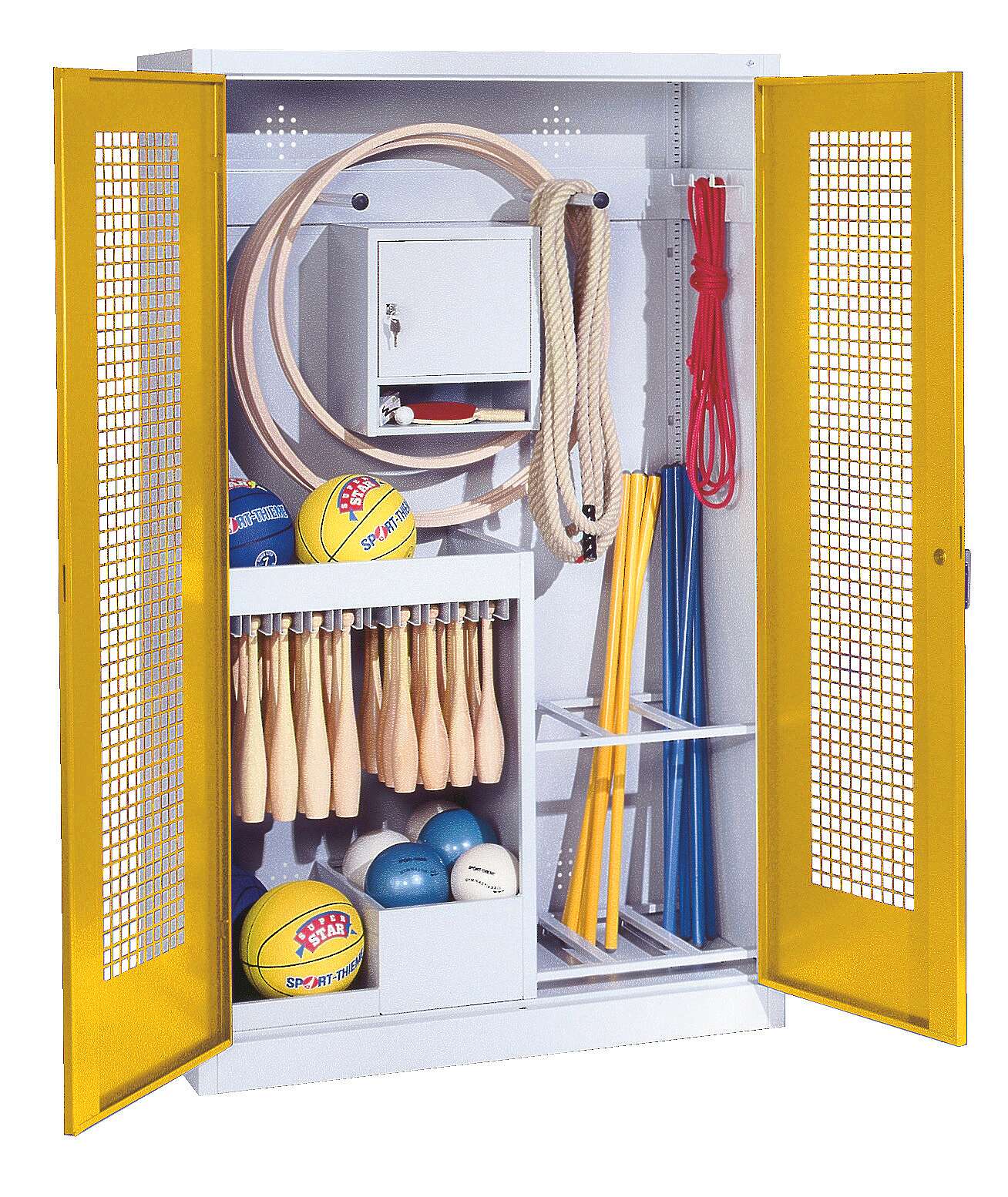 C+P Sportgeräteschrank mit Lochblech-Flügeltüren (Typ 1), HxBxT 195x120x50 cm, Ergo-Lock Muldengriff, Verkehrsgelb (RAL 1023), Lichtgrau (RAL 7035), Einzelschließung
