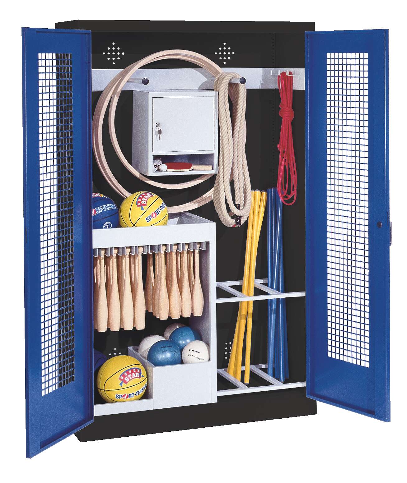 C+P Sportgeräteschrank mit Lochblech-Flügeltüren (Typ 1), HxBxT 195x120x50 cm, Enzianblau (RAL 5010), Ergo-Lock Muldengriff, Anthrazit (RAL 7021), Einzelschließung
