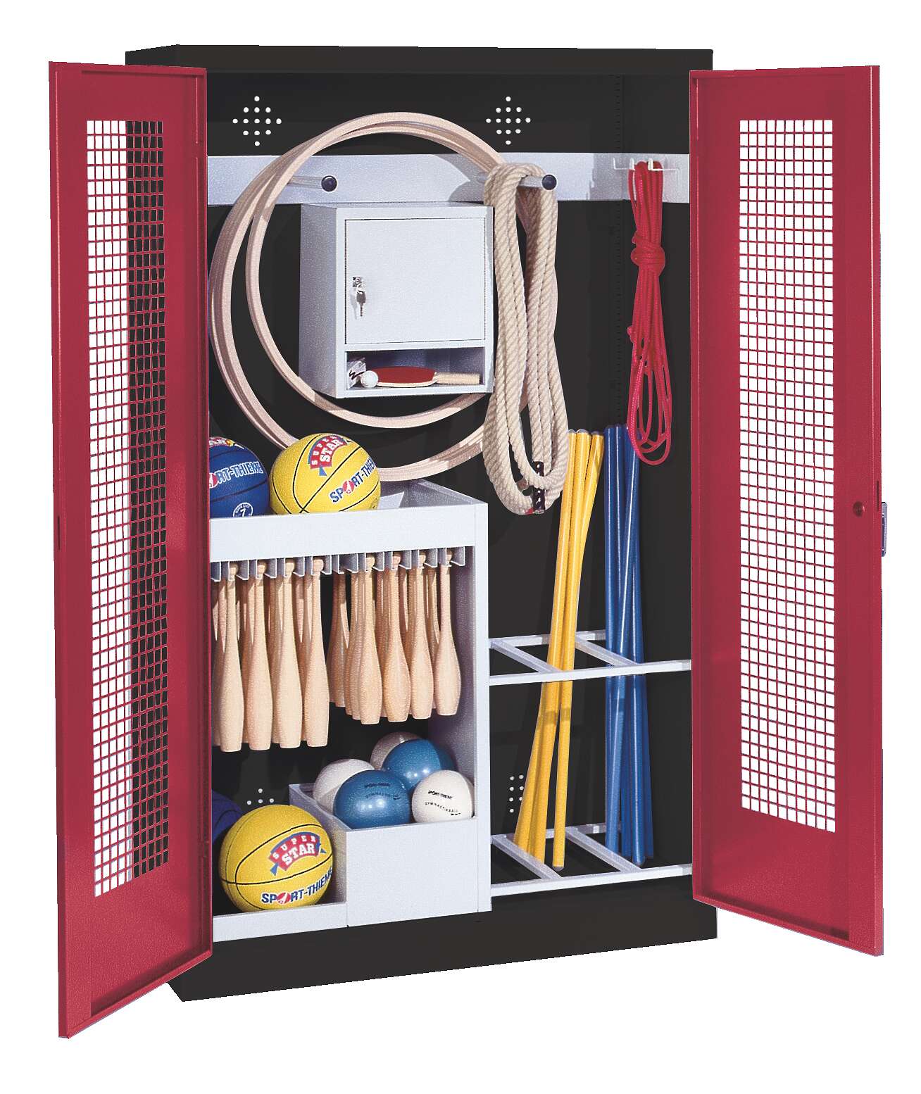 C+P Sportgeräteschrank mit Lochblech-Flügeltüren (Typ 1), HxBxT 195x120x50 cm, Ergo-Lock Muldengriff, Rubinrot (RAL 3003), Anthrazit (RAL 7021), Einzelschließung