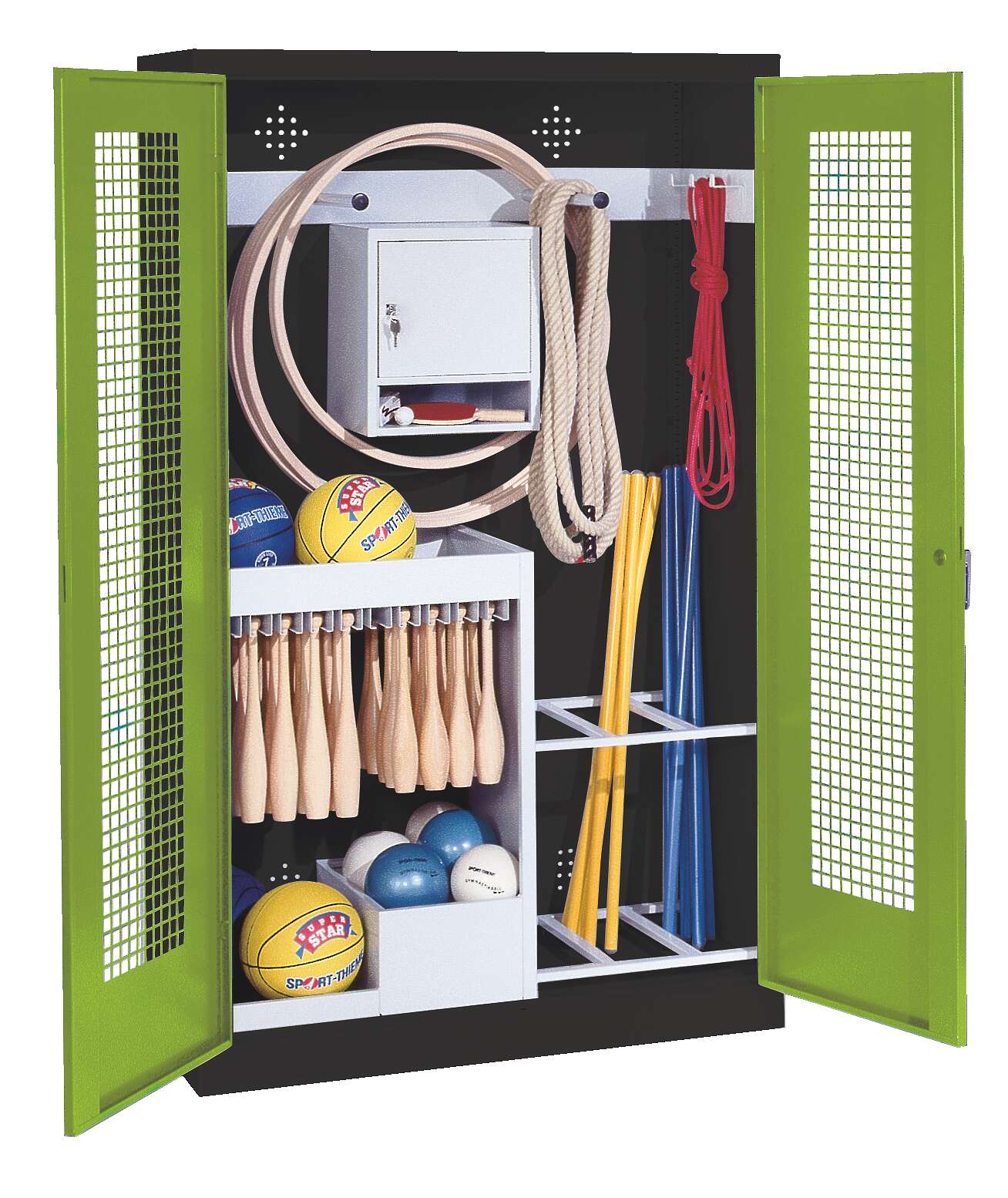 C+P Sportgeräteschrank mit Lochblech-Flügeltüren (Typ 1), HxBxT 195x120x50 cm, Ergo-Lock Muldengriff, Clowngrün (RAL 110 80 60), Anthrazit (RAL 7021), Einzelschließung