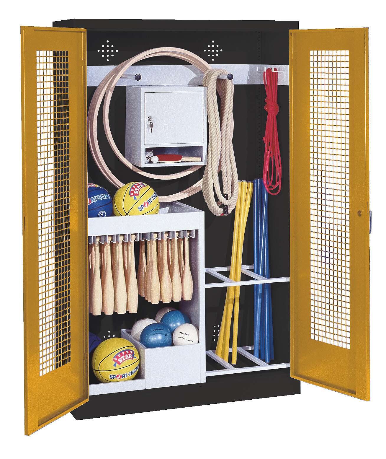 C+P Sportgeräteschrank mit Lochblech-Flügeltüren (Typ 1), HxBxT 195x120x50 cm, Ergo-Lock Muldengriff, Goldgelb (RAL 1004), Anthrazit (RAL 7021), Einzelschließung