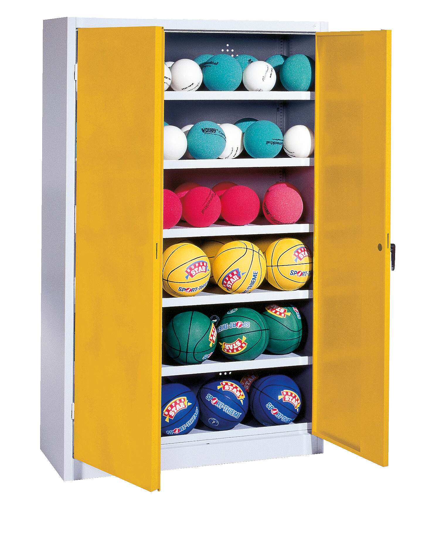 C+P Ballschrank mit Vollblech-Flügeltüren (Typ 3), HxBxT: 195x120x50 cm, Ergo-Lock Muldengriff, Verkehrsgelb (RAL 1023), Anthrazit (RAL 7021), Einzelschließung