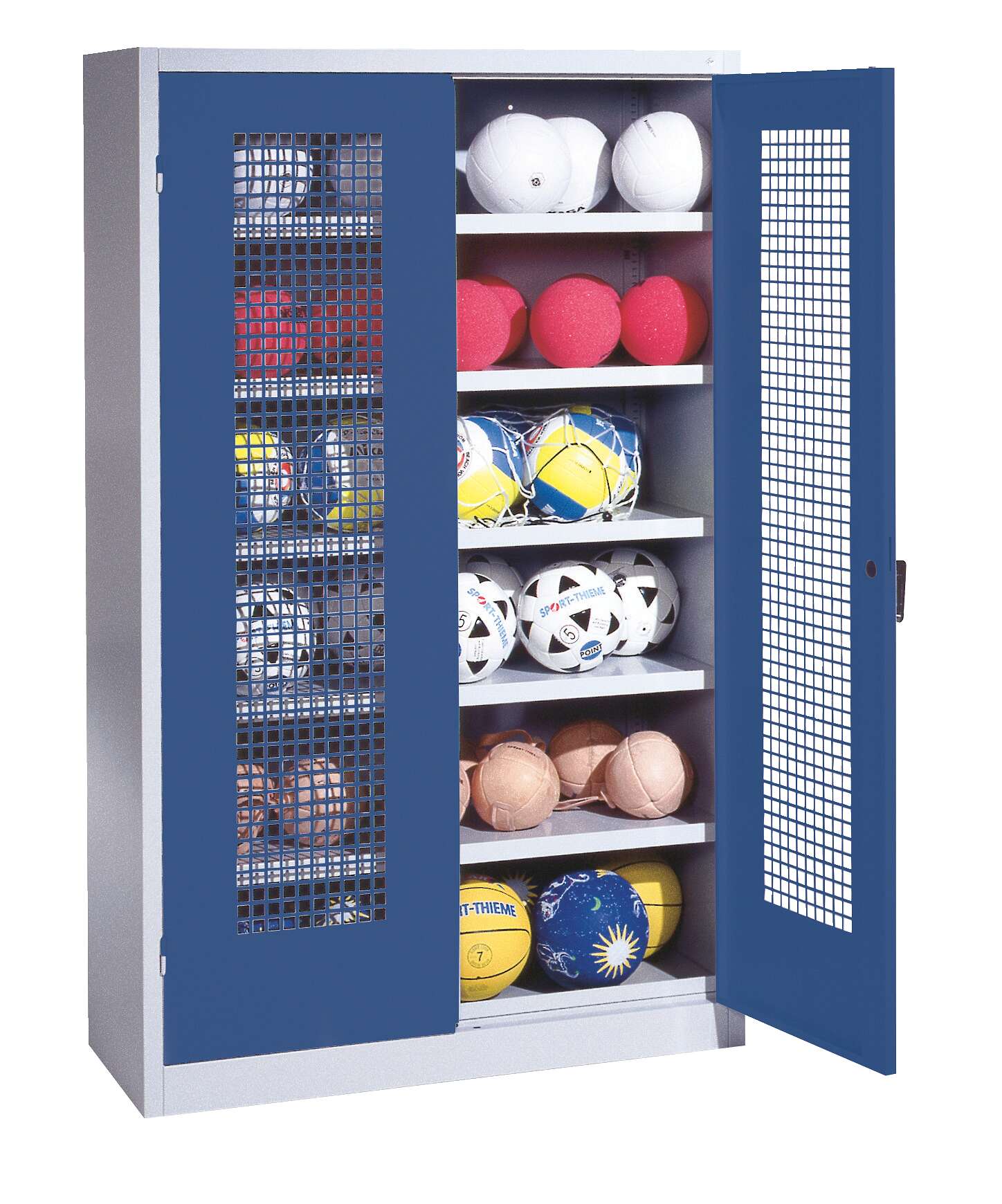 C+P Ballschrank mit Lochblech-Flügeltüren (Typ 3), HxBxT 195x120x50 cm, Ergo-Lock Muldengriff, Enzianblau (RAL 5010), Lichtgrau (RAL 7035), Einzelschließung