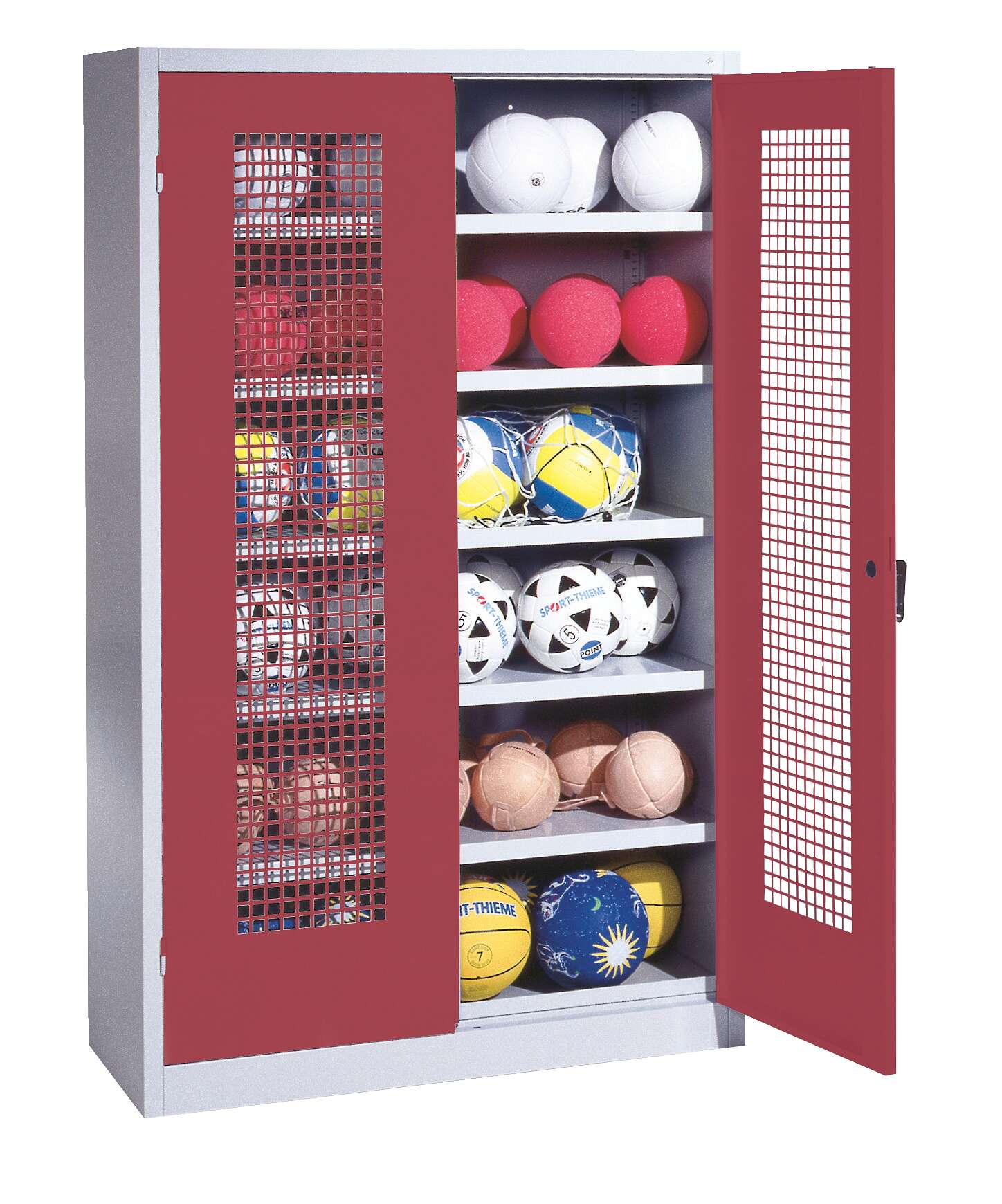 C+P Ballschrank mit Lochblech-Flügeltüren (Typ 3), HxBxT 195x120x50 cm, Ergo-Lock Muldengriff, Rubinrot (RAL 3003), Lichtgrau (RAL 7035), Einzelschließung