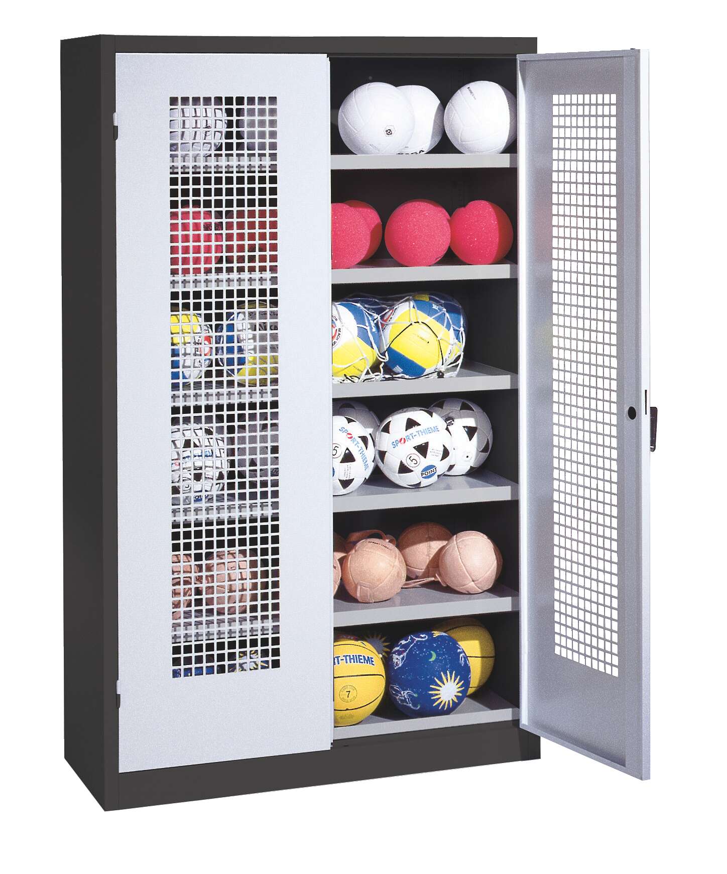 C+P Ballschrank mit Lochblech-Flügeltüren (Typ 3), HxBxT 195x120x50 cm, Lichtgrau (RAL 7035), Ergo-Lock Muldengriff, Anthrazit (RAL 7021), Einzelschließung