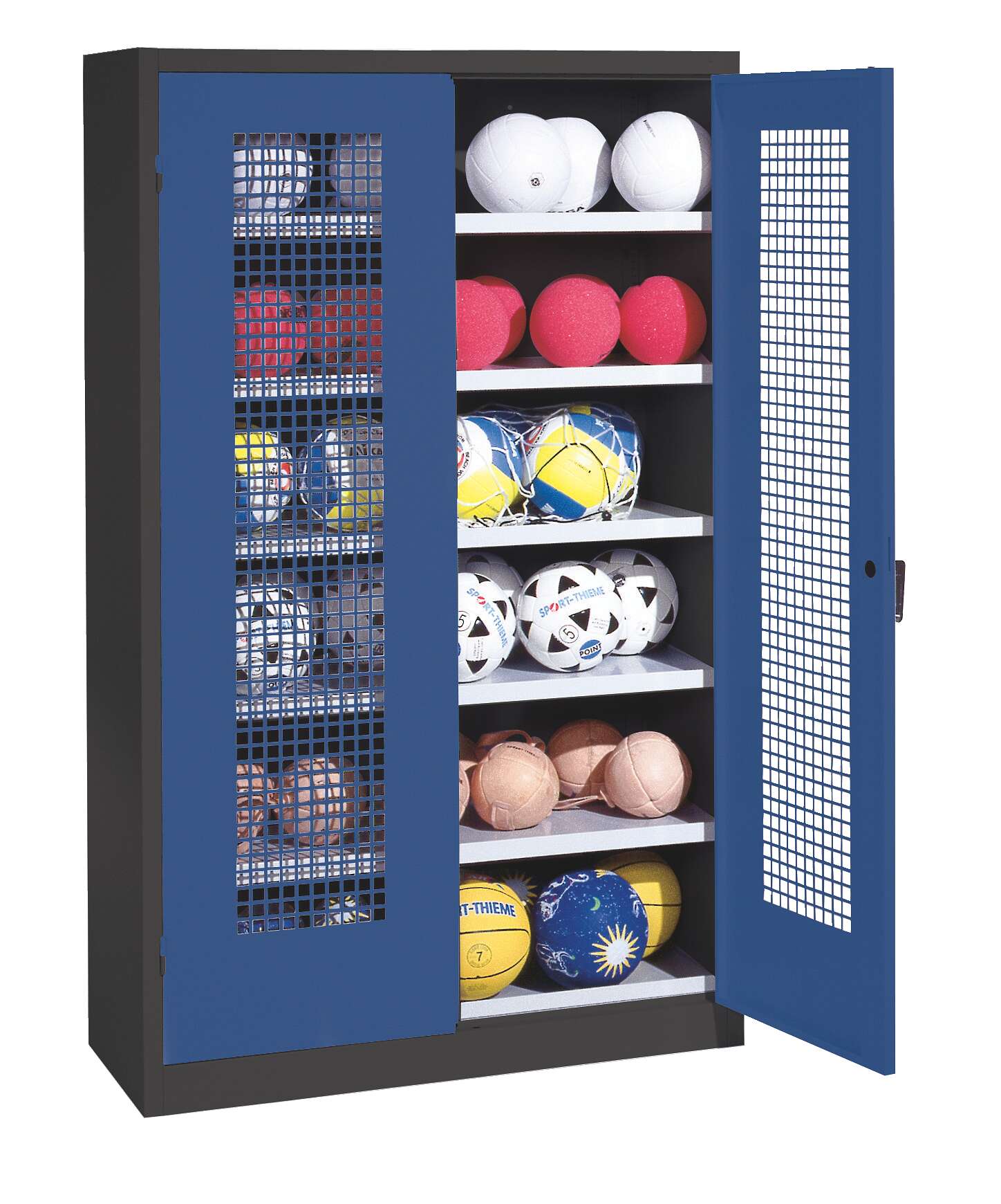 C+P Ballschrank mit Lochblech-Flügeltüren (Typ 3), HxBxT 195x120x50 cm, Enzianblau (RAL 5010), Ergo-Lock Muldengriff, Anthrazit (RAL 7021), Einzelschließung
