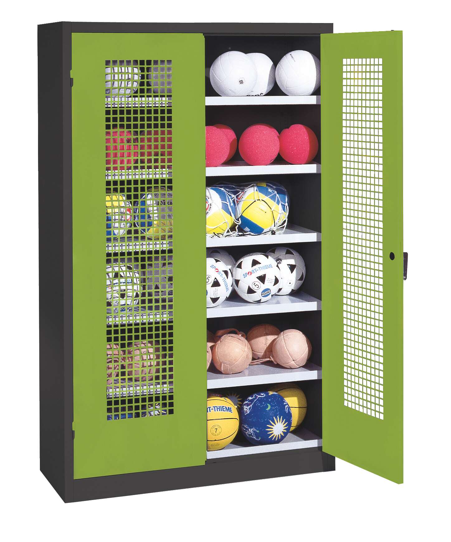 C+P Ballschrank mit Lochblech-Flügeltüren (Typ 3), HxBxT 195x120x50 cm, Ergo-Lock Muldengriff, Clowngrün (RAL 110 80 60), Anthrazit (RAL 7021), Einzelschließung