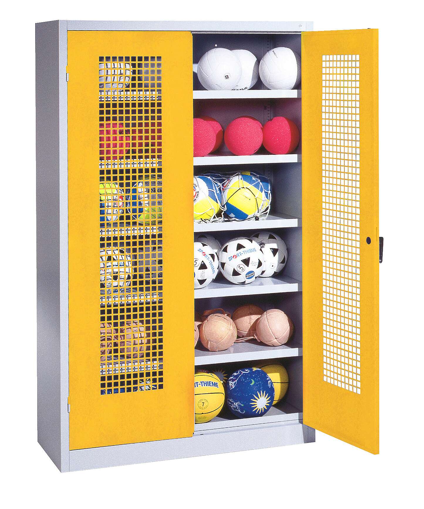 C+P Ballschrank mit Lochblech-Flügeltüren (Typ 3), HxBxT 195x120x50 cm, Ergo-Lock Muldengriff, Verkehrsgelb (RAL 1023), Anthrazit (RAL 7021), Einzelschließung