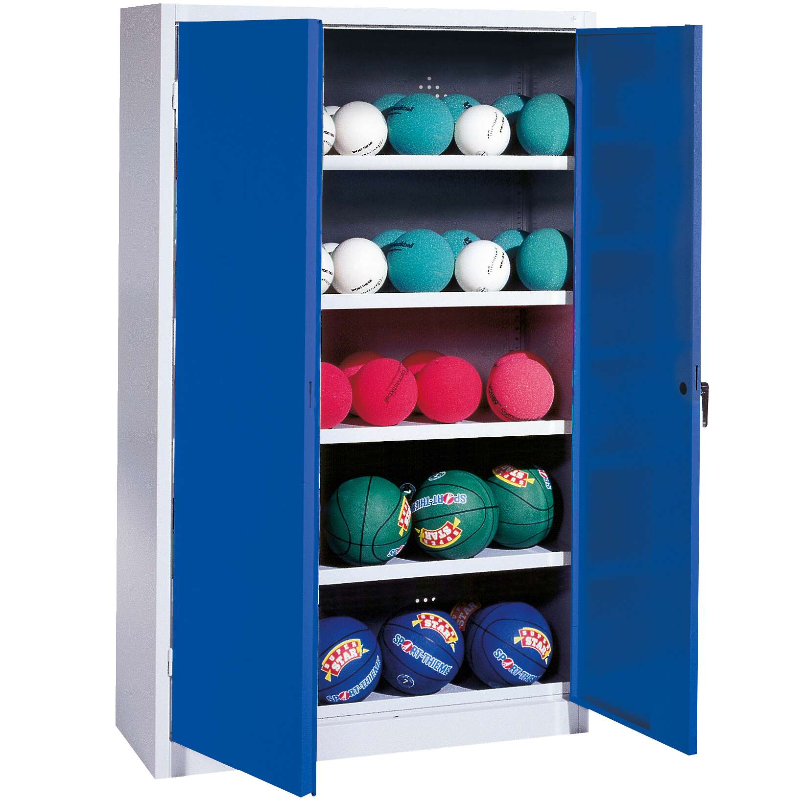 C+P Ballschrank mit Vollblech-Flügeltüren (Typ 3), HxBxT 195x150x50 cm, Ergo-Lock Muldengriff, Enzianblau (RAL 5010), Lichtgrau (RAL 7035), Einzelschließung