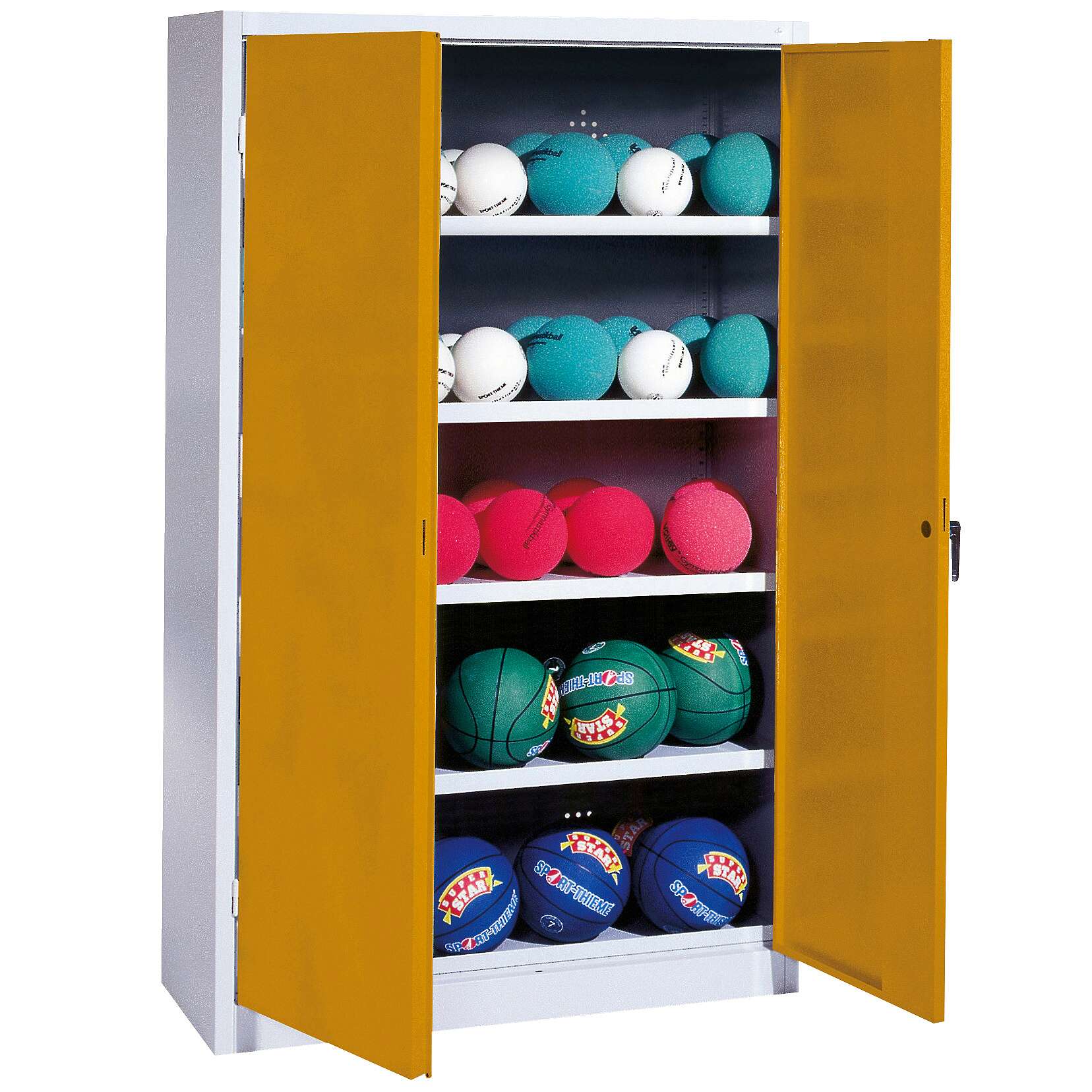 C+P Ballschrank mit Vollblech-Flügeltüren (Typ 3), HxBxT 195x150x50 cm, Ergo-Lock Muldengriff, Goldgelb (RAL 1004), Lichtgrau (RAL 7035), Einzelschließung