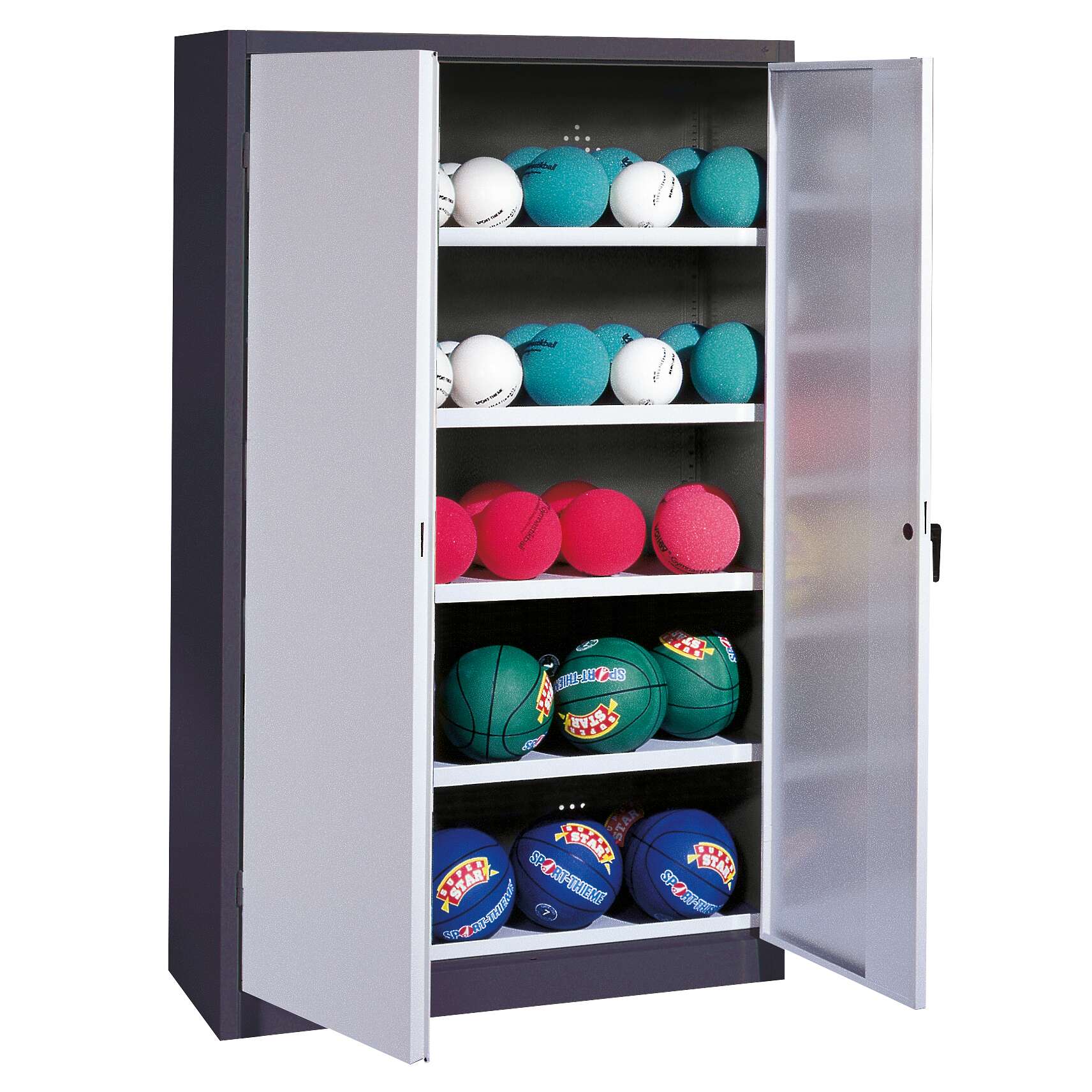 C+P Ballschrank mit Vollblech-Flügeltüren (Typ 3), HxBxT 195x150x50 cm, Lichtgrau (RAL 7035), Ergo-Lock Muldengriff, Anthrazit (RAL 7021), Einzelschließung