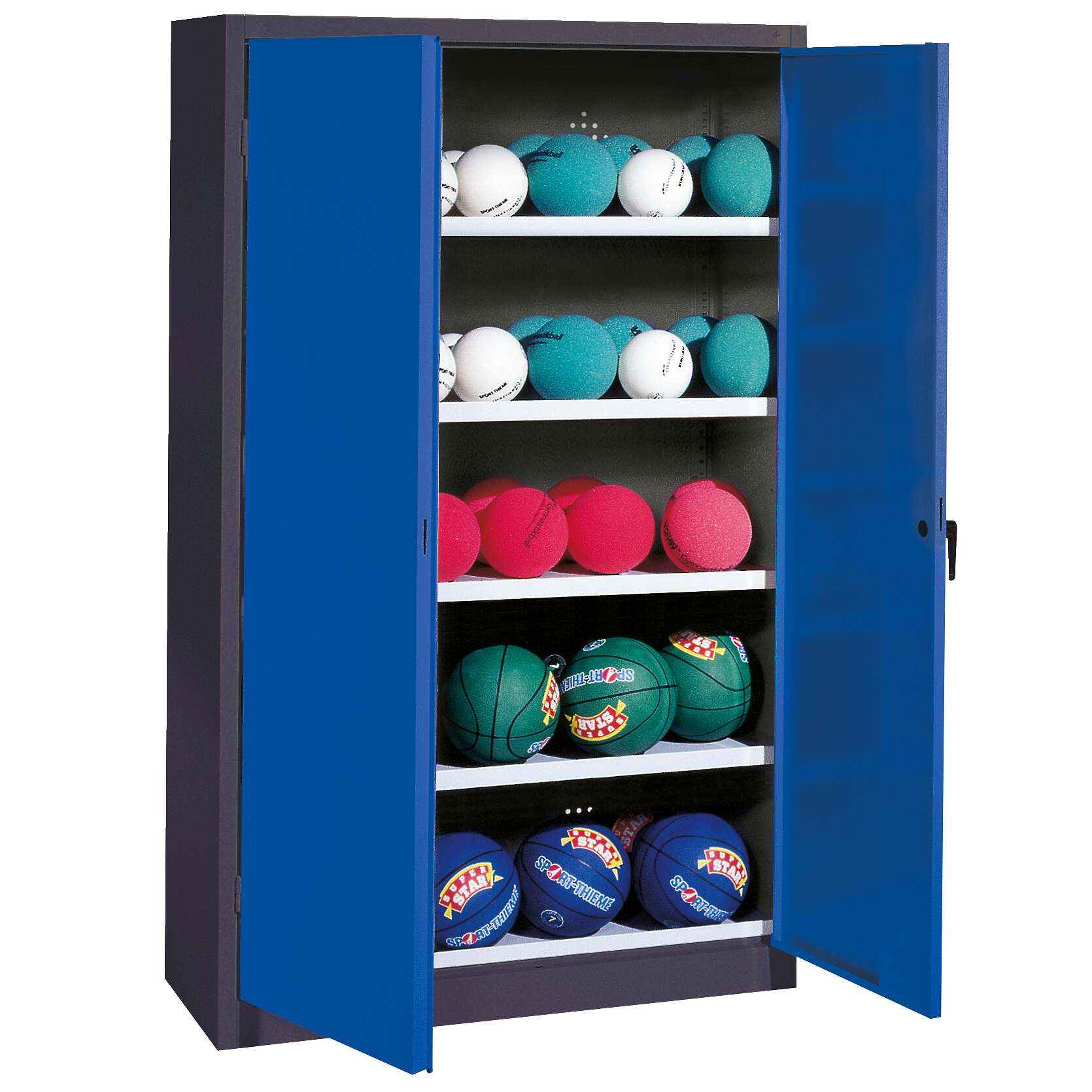 C+P Ballschrank mit Vollblech-Flügeltüren (Typ 3), HxBxT 195x150x50 cm, Enzianblau (RAL 5010), Ergo-Lock Muldengriff, Anthrazit (RAL 7021), Einzelschließung