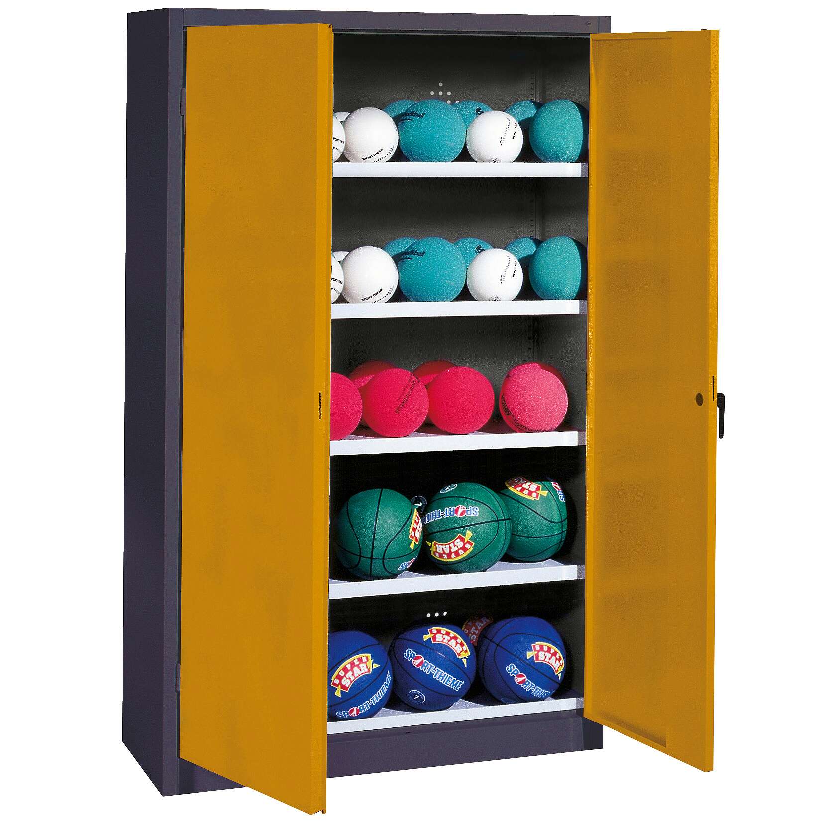 C+P Ballschrank mit Vollblech-Flügeltüren (Typ 3), HxBxT 195x150x50 cm, Ergo-Lock Muldengriff, Goldgelb (RAL 1004), Anthrazit (RAL 7021), Einzelschließung