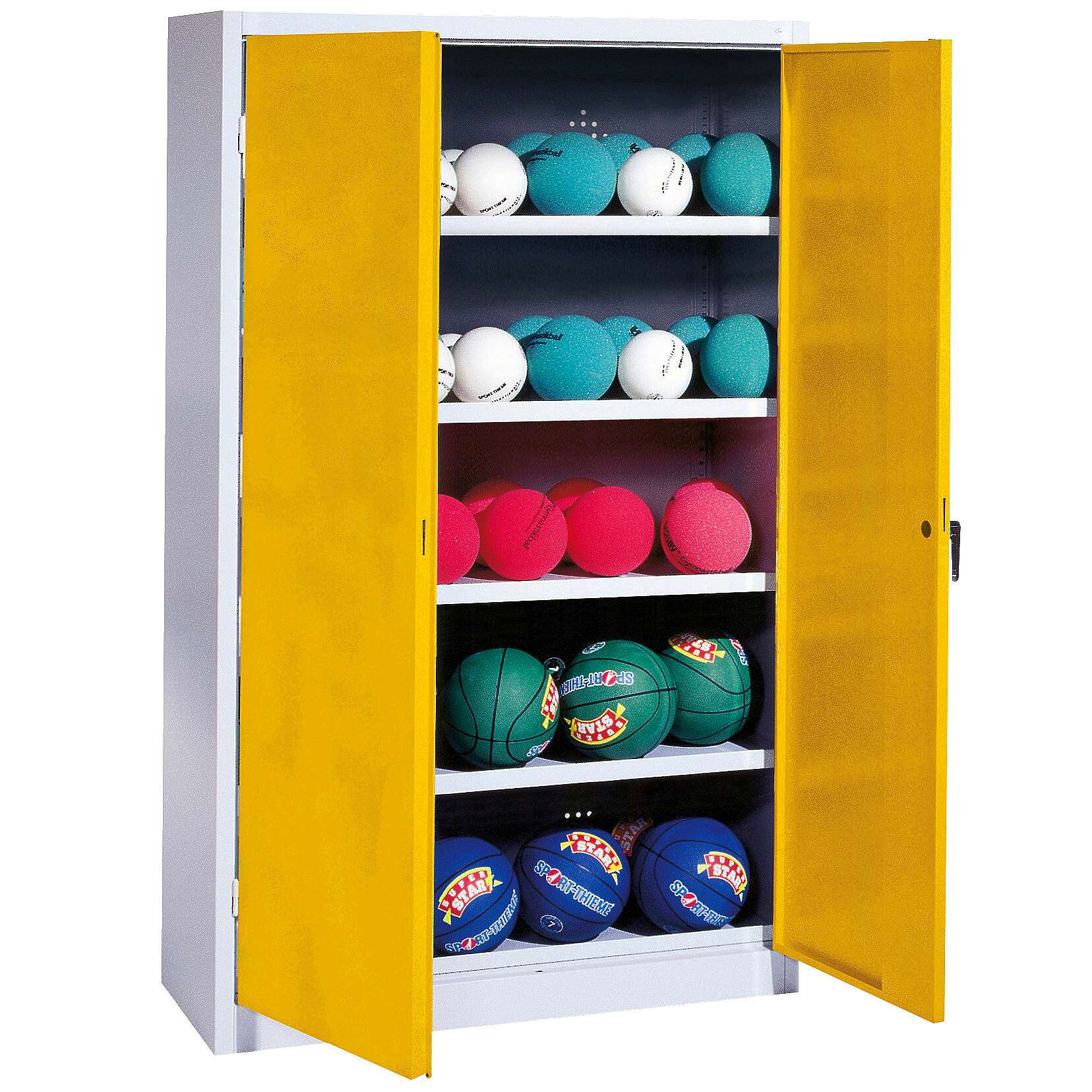C+P Ballschrank mit Vollblech-Flügeltüren (Typ 3), HxBxT 195x150x50 cm, Ergo-Lock Muldengriff, Verkehrsgelb (RAL 1023), Anthrazit (RAL 7021), Einzelschließung