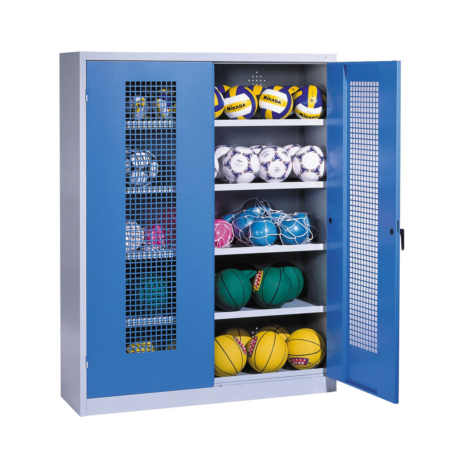 C+P Ballschrank mit Lochblech-Flügeltüren (Typ 3), HxBxT 195x150x50 cm, Ergo-Lock Muldengriff, Enzianblau (RAL 5010), Lichtgrau (RAL 7035), Einzelschließung