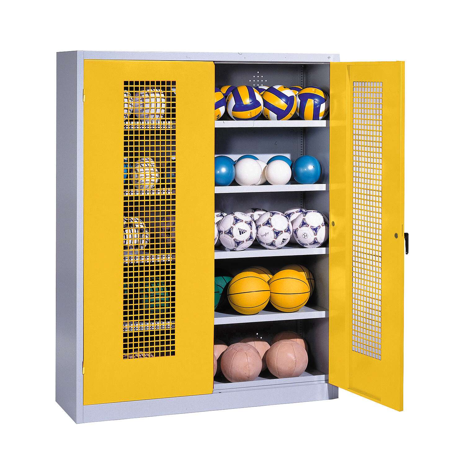 C+P Ballschrank mit Lochblech-Flügeltüren (Typ 3), HxBxT 195x150x50 cm, Ergo-Lock Muldengriff, Verkehrsgelb (RAL 1023), Lichtgrau (RAL 7035), Einzelschließung