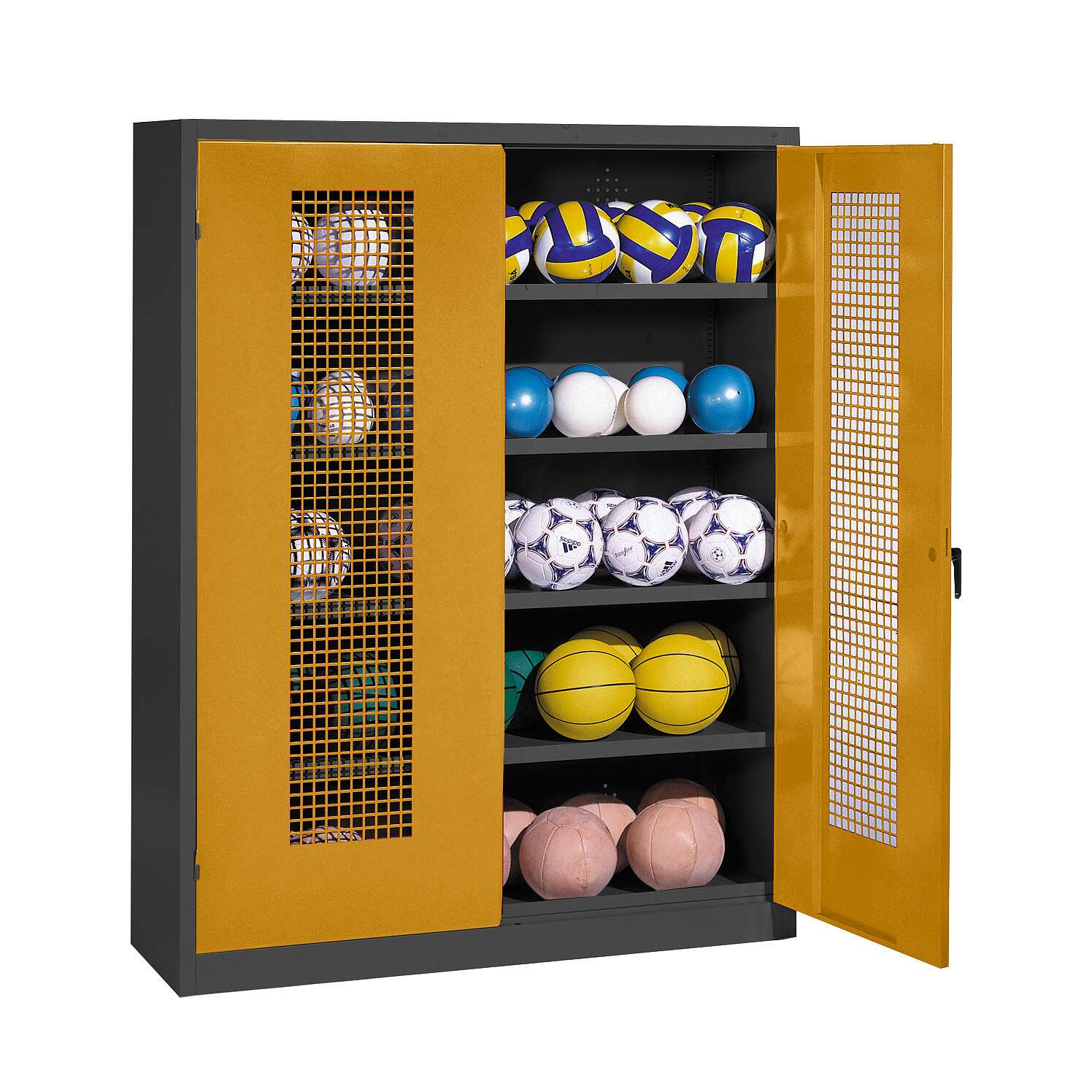 C+P Ballschrank mit Lochblech-Flügeltüren (Typ 3), HxBxT 195x150x50 cm, Ergo-Lock Muldengriff, Goldgelb (RAL 1004), Anthrazit (RAL 7021), Einzelschließung