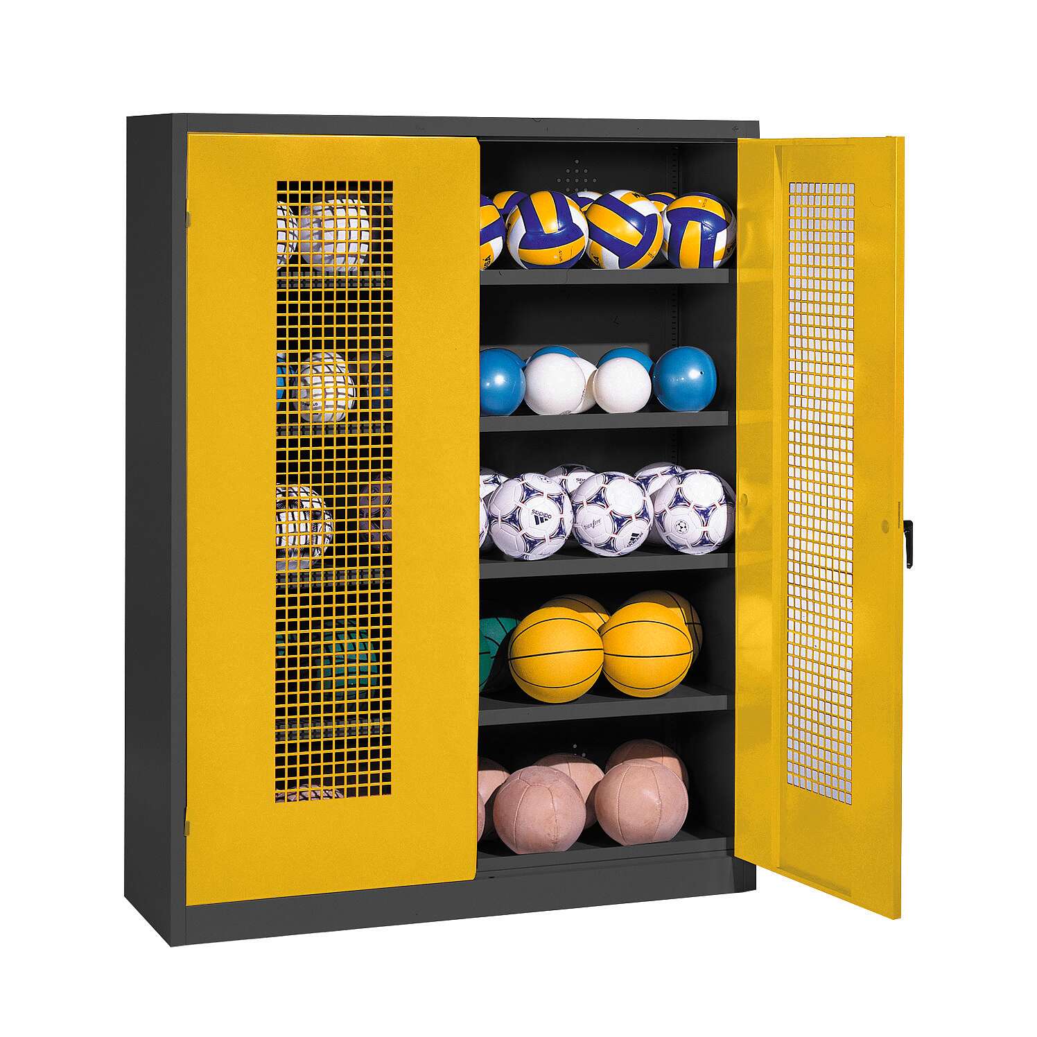 C+P Ballschrank mit Lochblech-Flügeltüren (Typ 3), HxBxT 195x150x50 cm, Ergo-Lock Muldengriff, Verkehrsgelb (RAL 1023), Anthrazit (RAL 7021), Einzelschließung