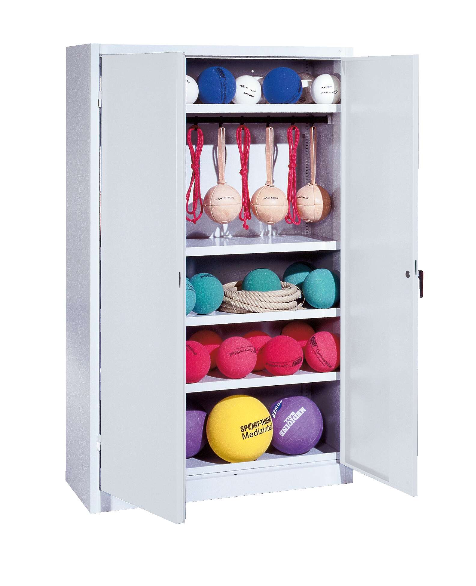 C+P Sportgeräteschrank mit Vollblech-Flügeltüren (Typ 2), HxBxT 195x120x50 cm, Ergo-Lock Muldengriff, Einzelschließung