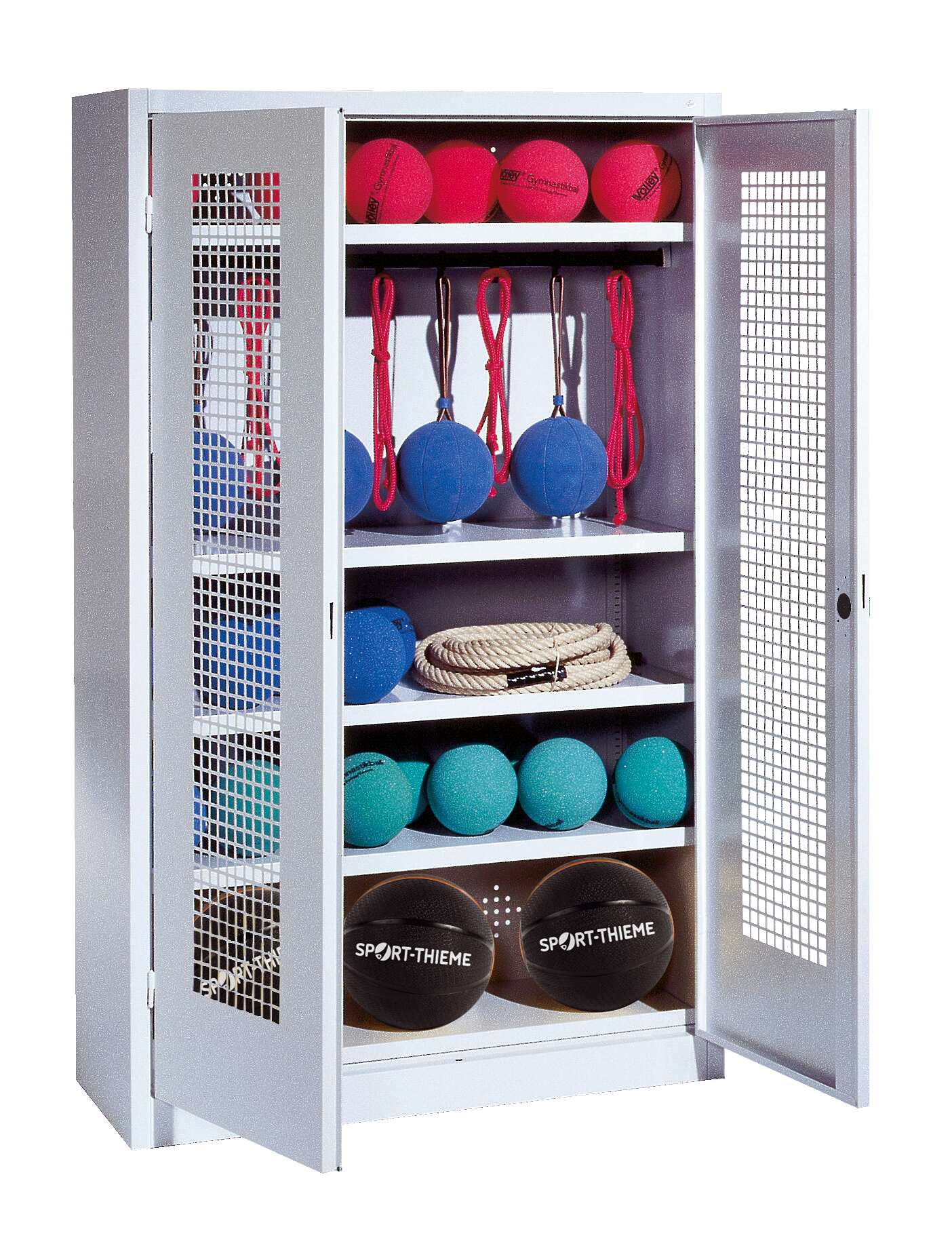 C+P Sportgeräteschrank mit Lochblech-Flügeltüren (Typ 2), HxBxT 195x120x50 cm, Ergo-Lock Muldengriff, Einzelschließung