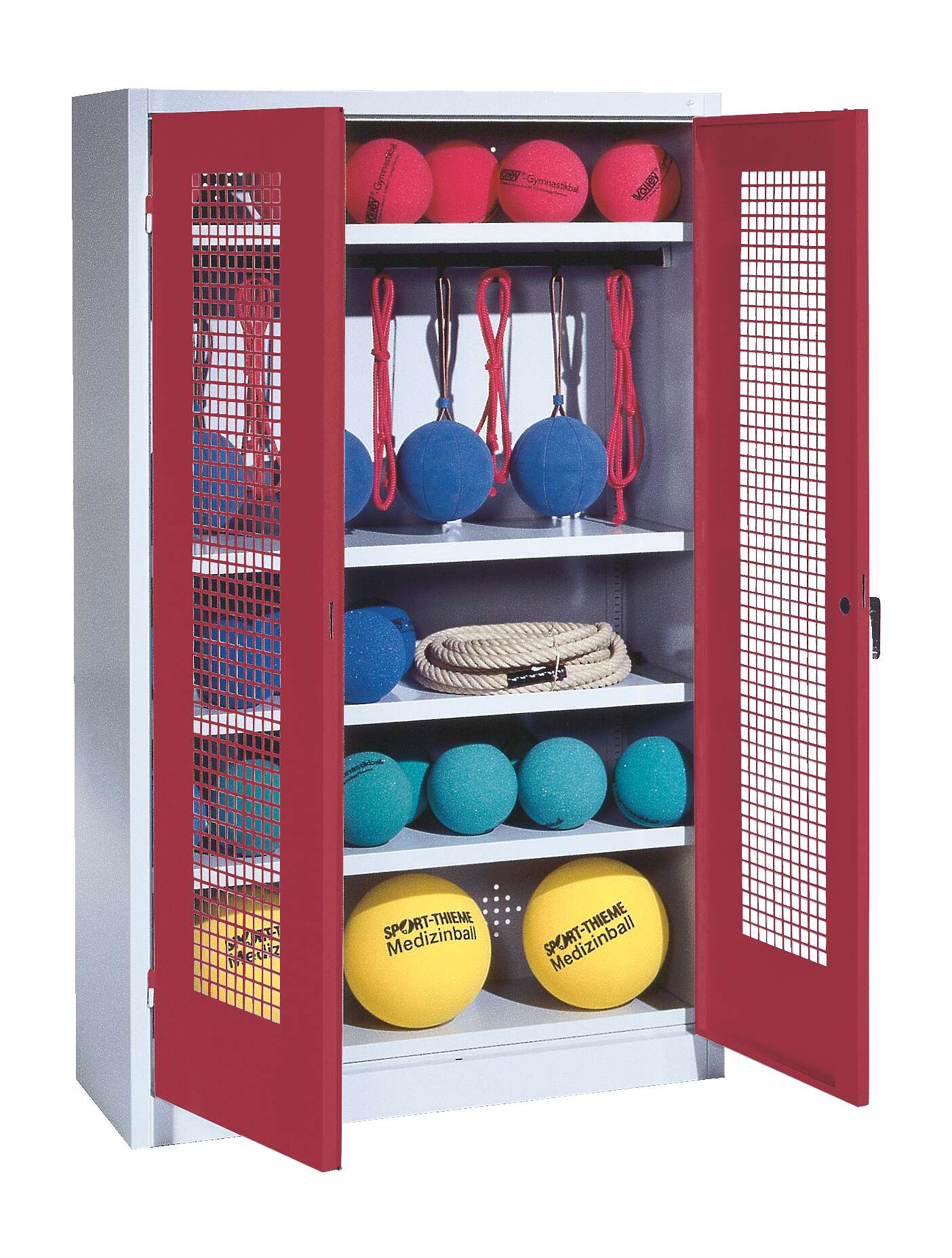 C+P Sportgeräteschrank mit Lochblech-Flügeltüren (Typ 2), HxBxT 195x120x50 cm, Ergo-Lock Muldengriff, Rubinrot (RAL 3003), Lichtgrau (RAL 7035), Einzelschließung