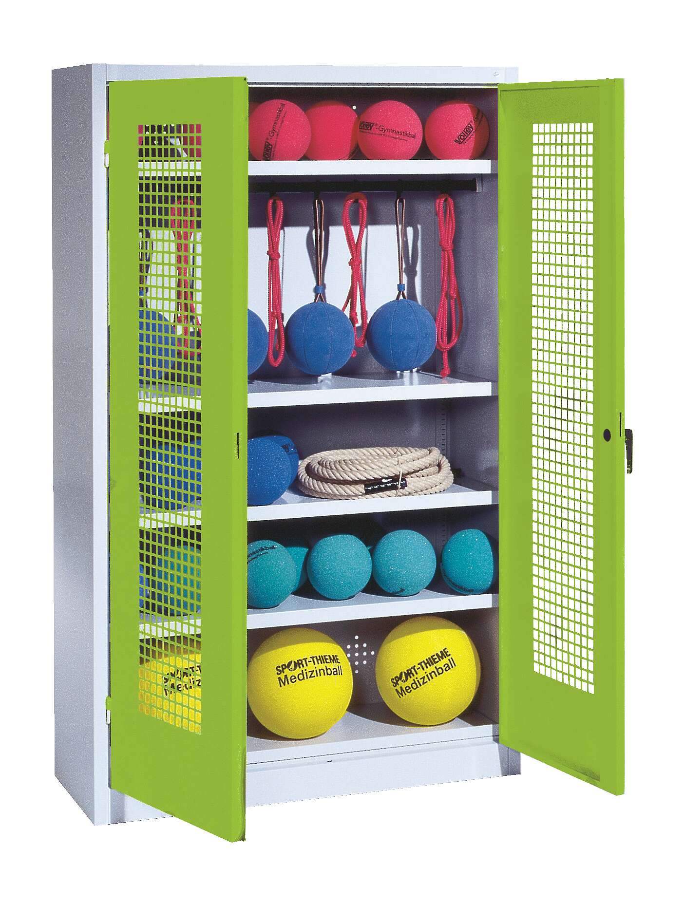 C+P Sportgeräteschrank mit Lochblech-Flügeltüren (Typ 2), HxBxT 195x120x50 cm, Ergo-Lock Muldengriff, Clowngrün (RAL 110 80 60), Lichtgrau (RAL 7035), Einzelschließung
