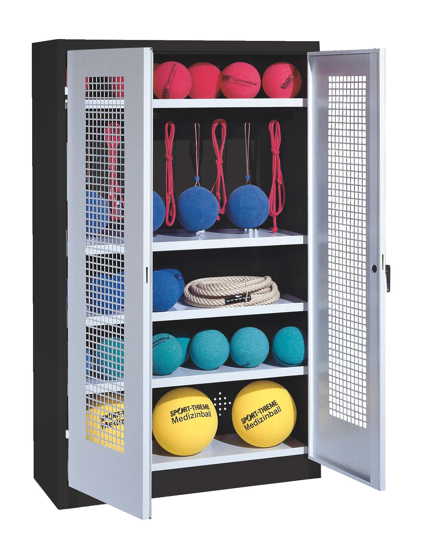 C+P Sportgeräteschrank mit Lochblech-Flügeltüren (Typ 2), HxBxT 195x120x50 cm, Lichtgrau (RAL 7035), Ergo-Lock Muldengriff, Anthrazit (RAL 7021), Einzelschließung